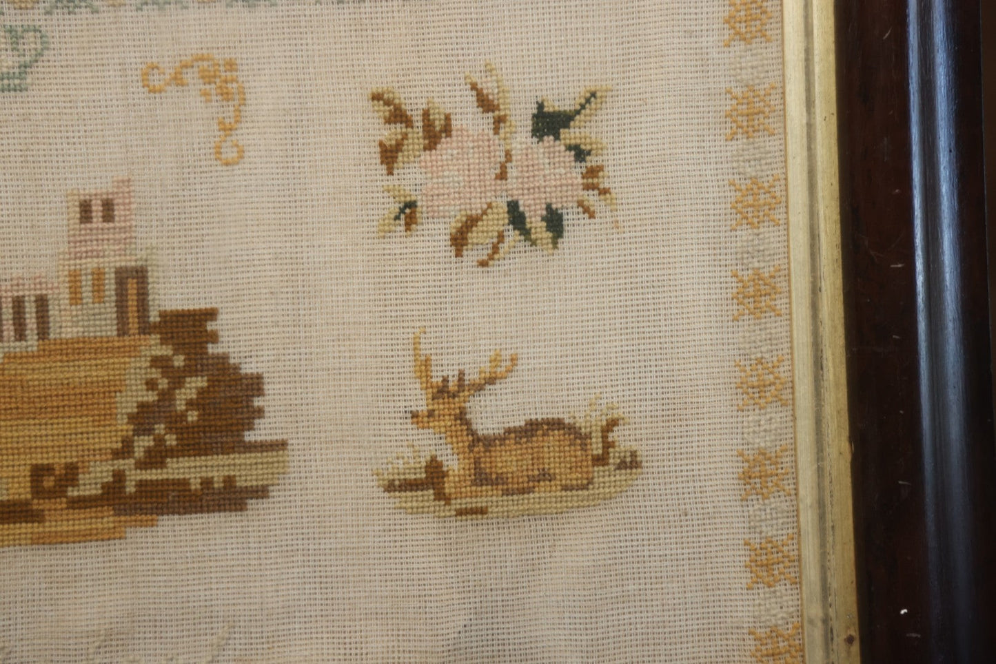 Antique European Schoolgirl Sampler With Alphabets, Numerals, Castle And Stag Motifs, Stitched By Maggie C. Dick, Age 13, Crosshill School, Circa Mid-19th Century, Framed, 26-3/8" X 27-1/4"