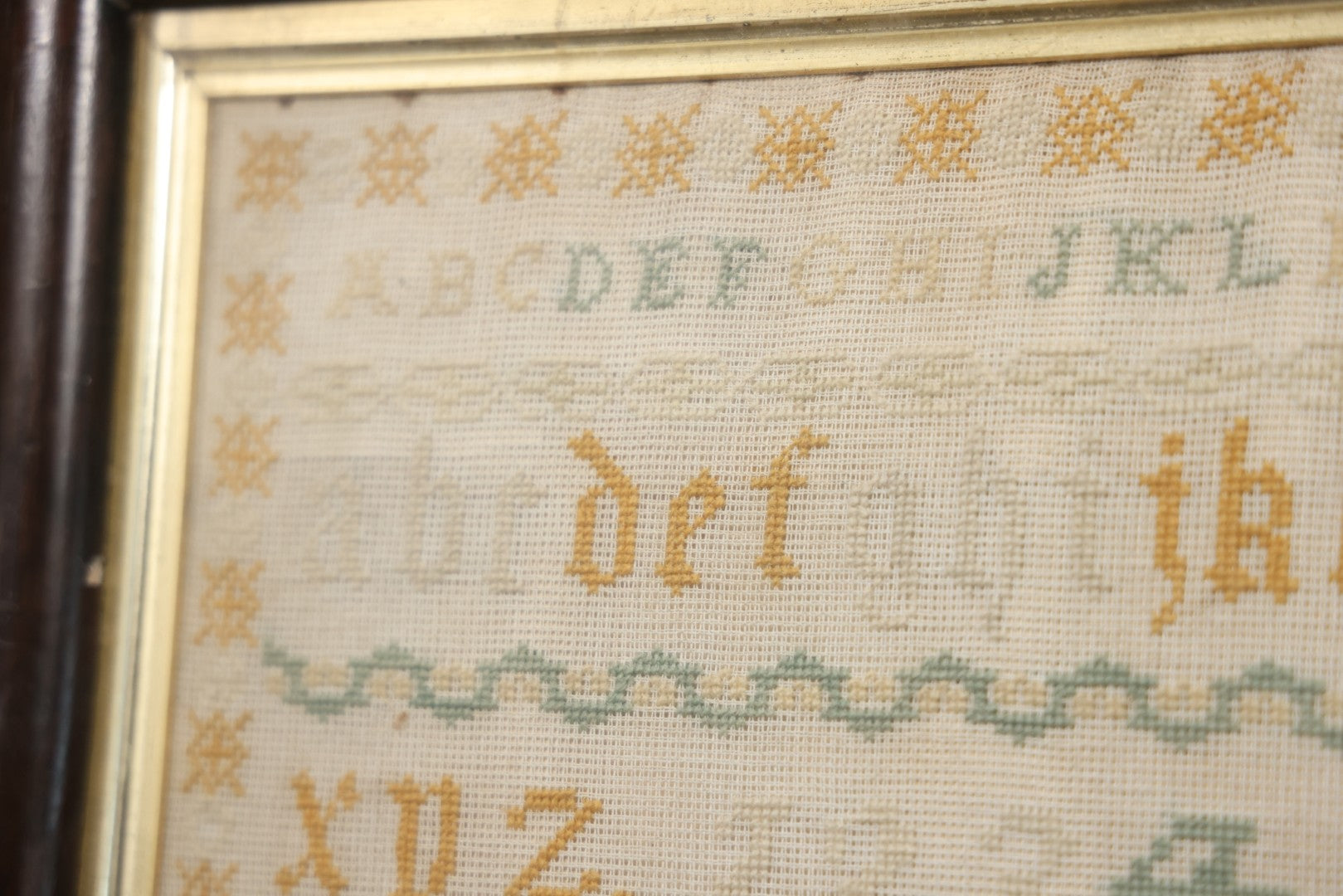 Antique European Schoolgirl Sampler With Alphabets, Numerals, Castle And Stag Motifs, Stitched By Maggie C. Dick, Age 13, Crosshill School, Circa Mid-19th Century, Framed, 26-3/8" X 27-1/4"