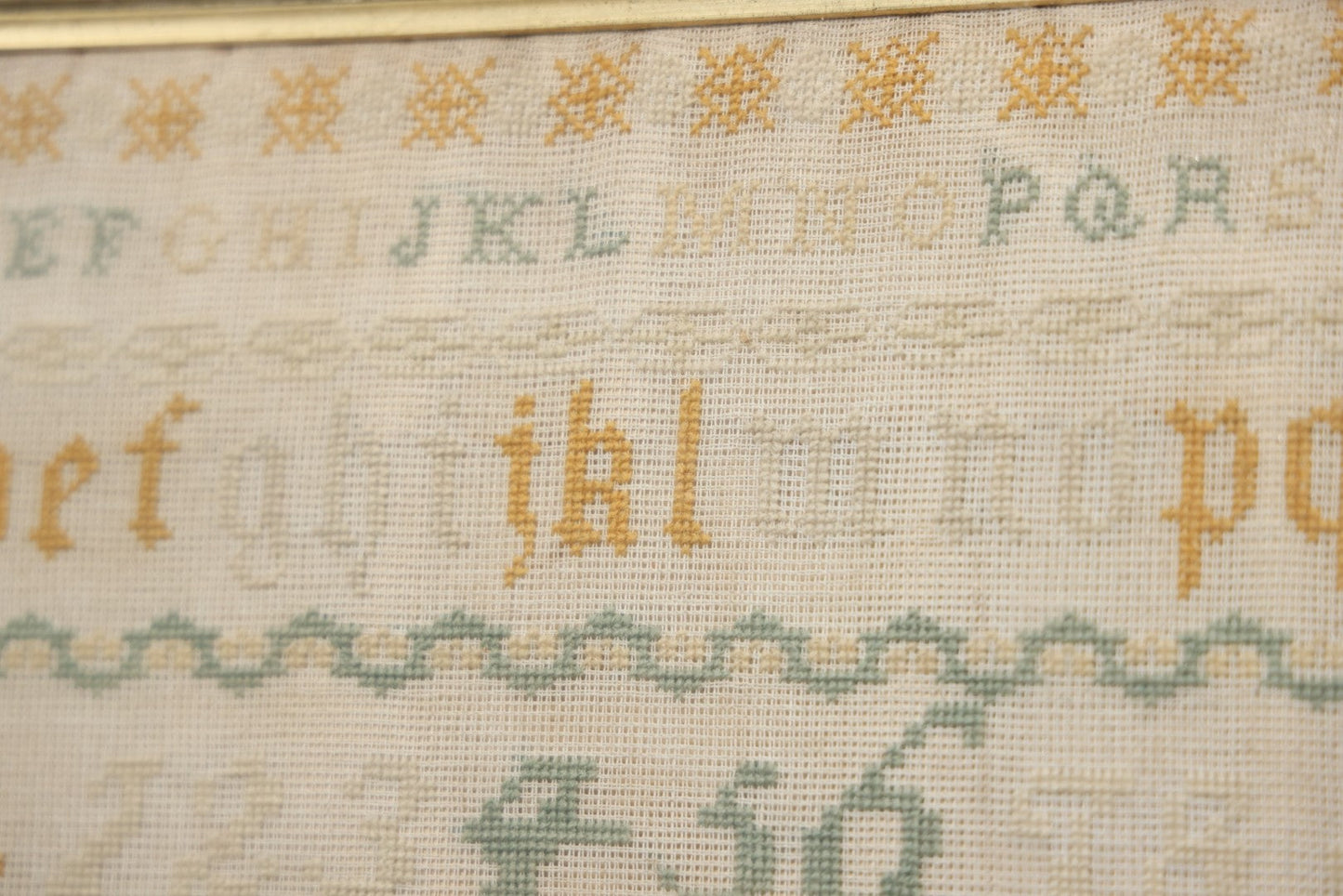 Antique European Schoolgirl Sampler With Alphabets, Numerals, Castle And Stag Motifs, Stitched By Maggie C. Dick, Age 13, Crosshill School, Circa Mid-19th Century, Framed, 26-3/8" X 27-1/4"