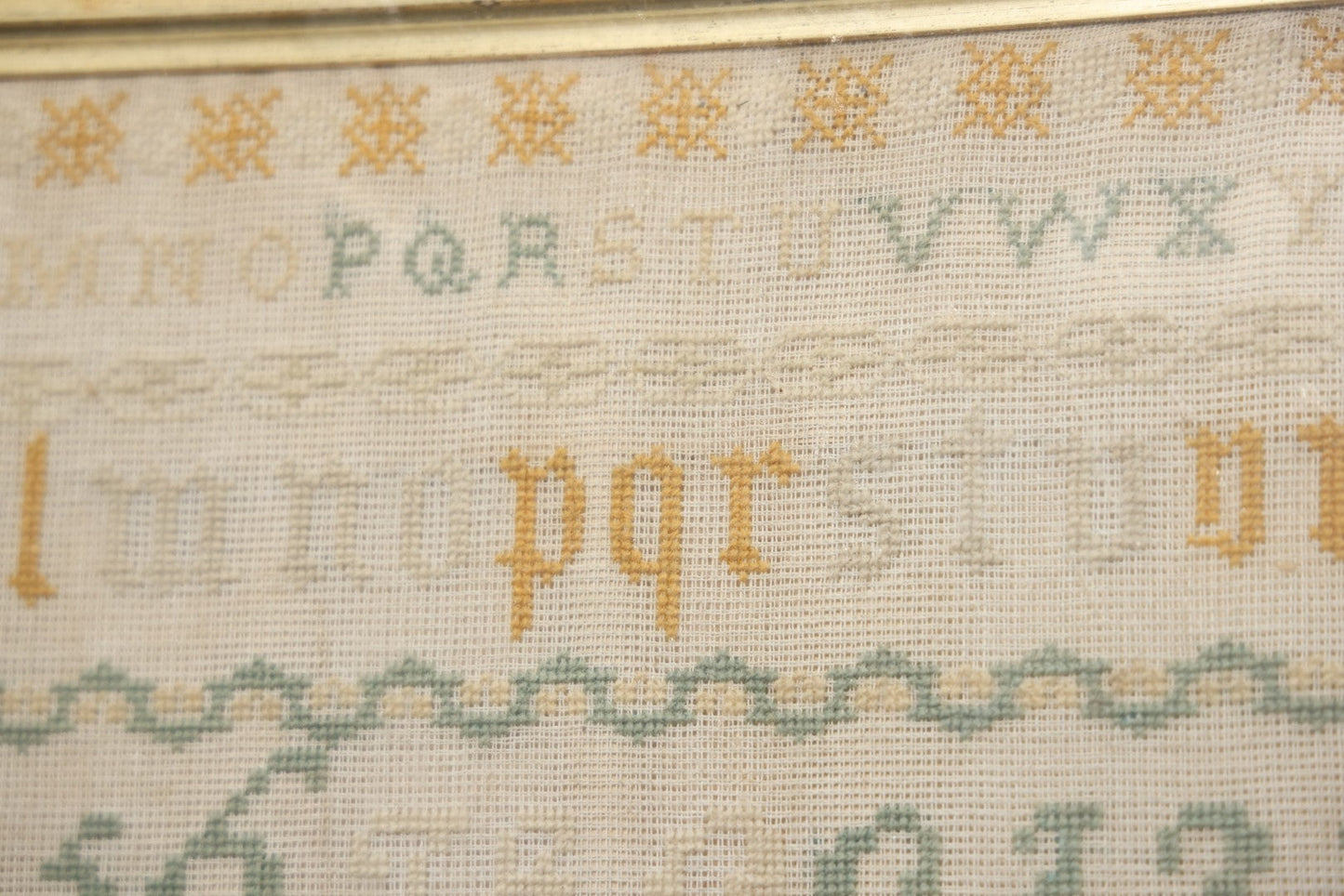Antique European Schoolgirl Sampler With Alphabets, Numerals, Castle And Stag Motifs, Stitched By Maggie C. Dick, Age 13, Crosshill School, Circa Mid-19th Century, Framed, 26-3/8" X 27-1/4"