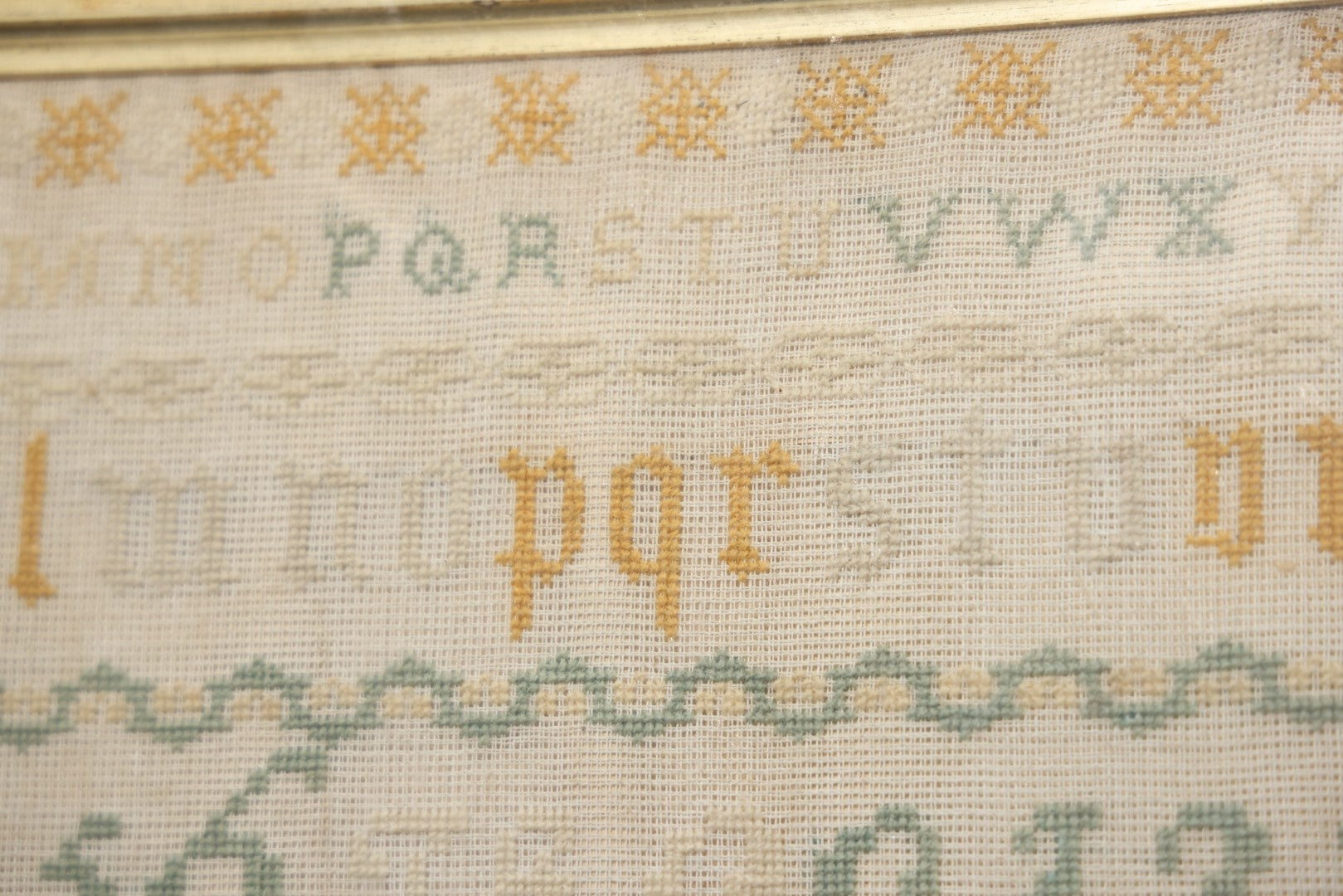 Antique European Schoolgirl Sampler With Alphabets, Numerals, Castle And Stag Motifs, Stitched By Maggie C. Dick, Age 13, Crosshill School, Circa Mid-19th Century, Framed, 26-3/8" X 27-1/4"