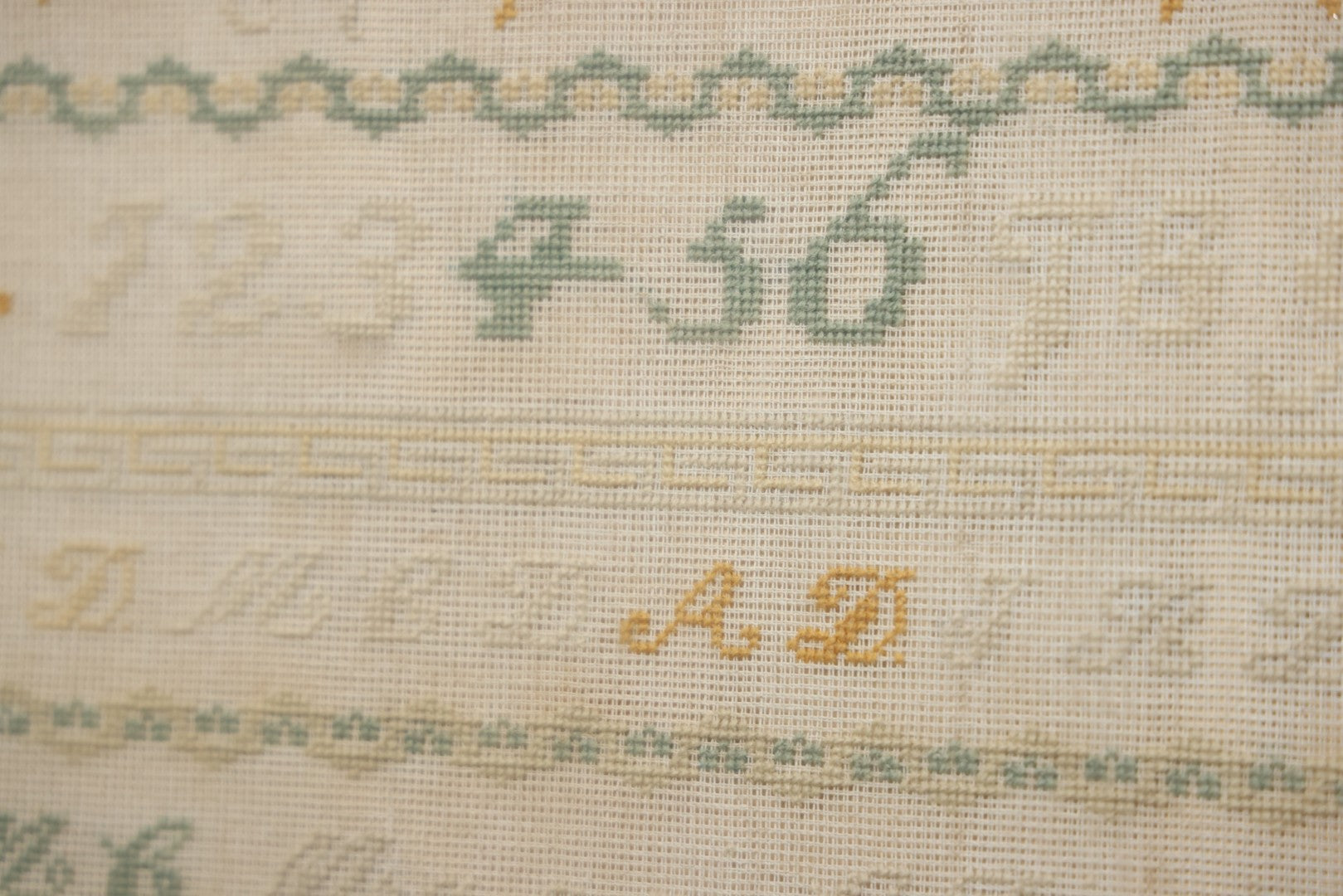 Antique European Schoolgirl Sampler With Alphabets, Numerals, Castle And Stag Motifs, Stitched By Maggie C. Dick, Age 13, Crosshill School, Circa Mid-19th Century, Framed, 26-3/8" X 27-1/4"