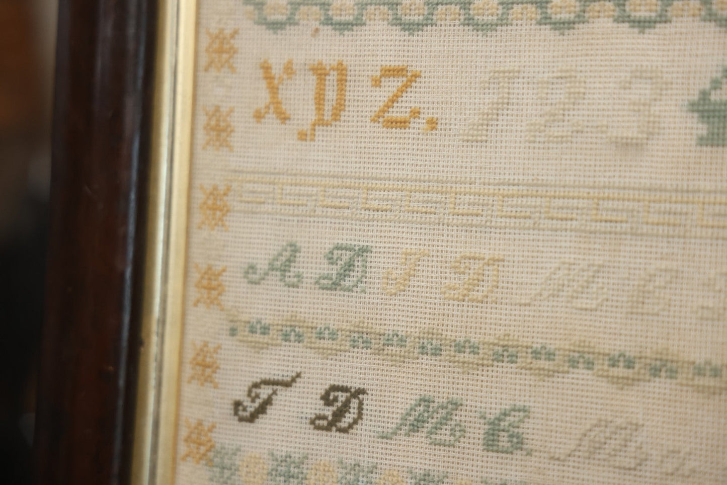 Antique European Schoolgirl Sampler With Alphabets, Numerals, Castle And Stag Motifs, Stitched By Maggie C. Dick, Age 13, Crosshill School, Circa Mid-19th Century, Framed, 26-3/8" X 27-1/4"