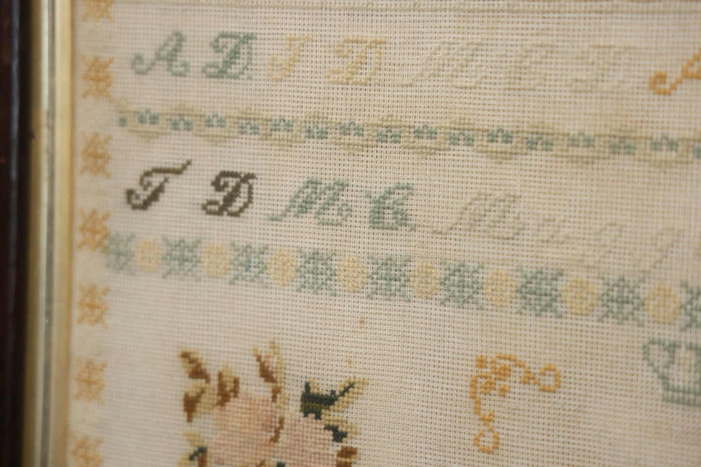 Antique European Schoolgirl Sampler With Alphabets, Numerals, Castle And Stag Motifs, Stitched By Maggie C. Dick, Age 13, Crosshill School, Circa Mid-19th Century, Framed, 26-3/8" X 27-1/4"