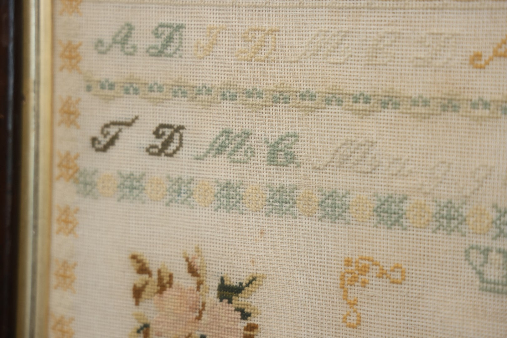 Antique European Schoolgirl Sampler With Alphabets, Numerals, Castle And Stag Motifs, Stitched By Maggie C. Dick, Age 13, Crosshill School, Circa Mid-19th Century, Framed, 26-3/8" X 27-1/4"