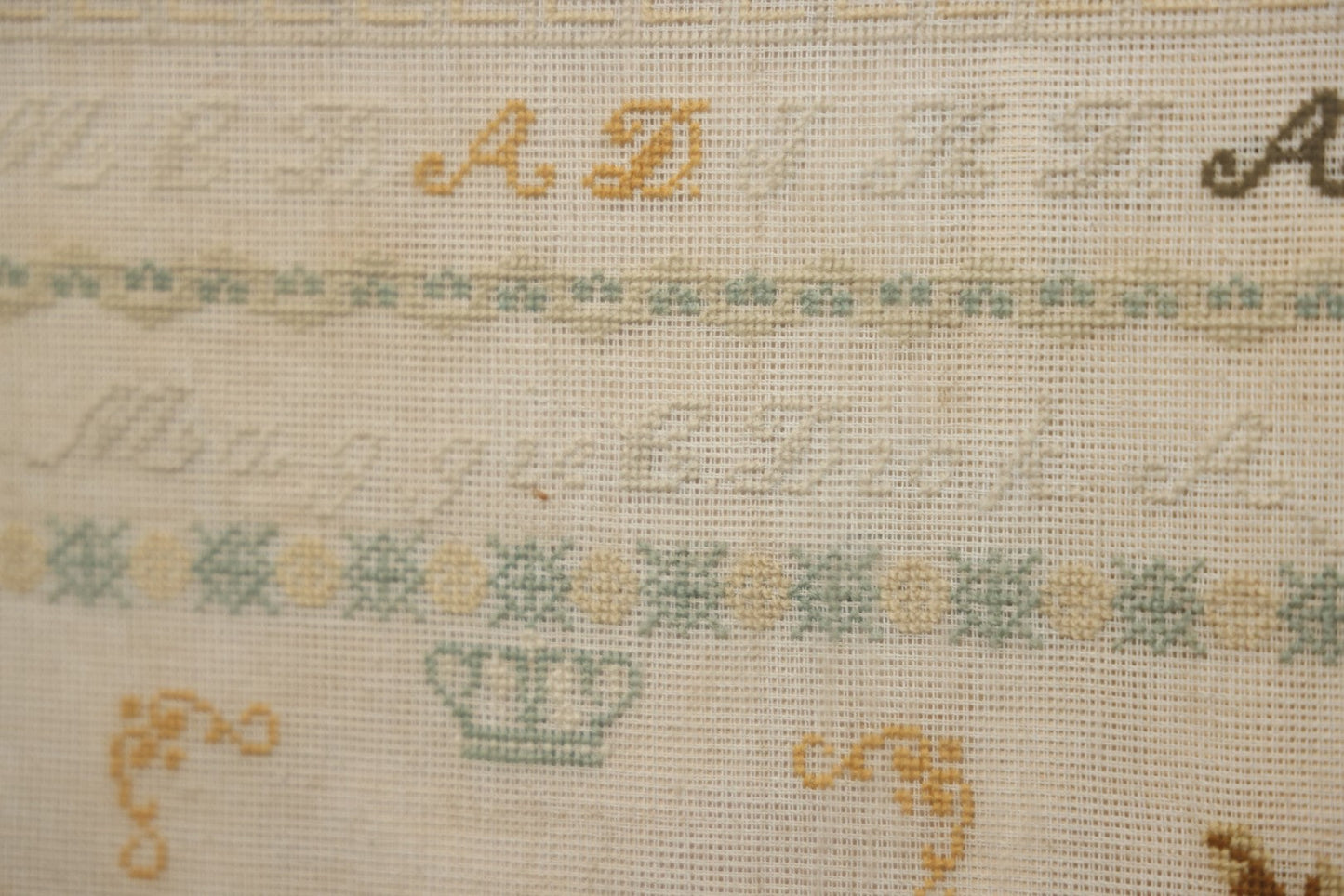 Antique European Schoolgirl Sampler With Alphabets, Numerals, Castle And Stag Motifs, Stitched By Maggie C. Dick, Age 13, Crosshill School, Circa Mid-19th Century, Framed, 26-3/8" X 27-1/4"