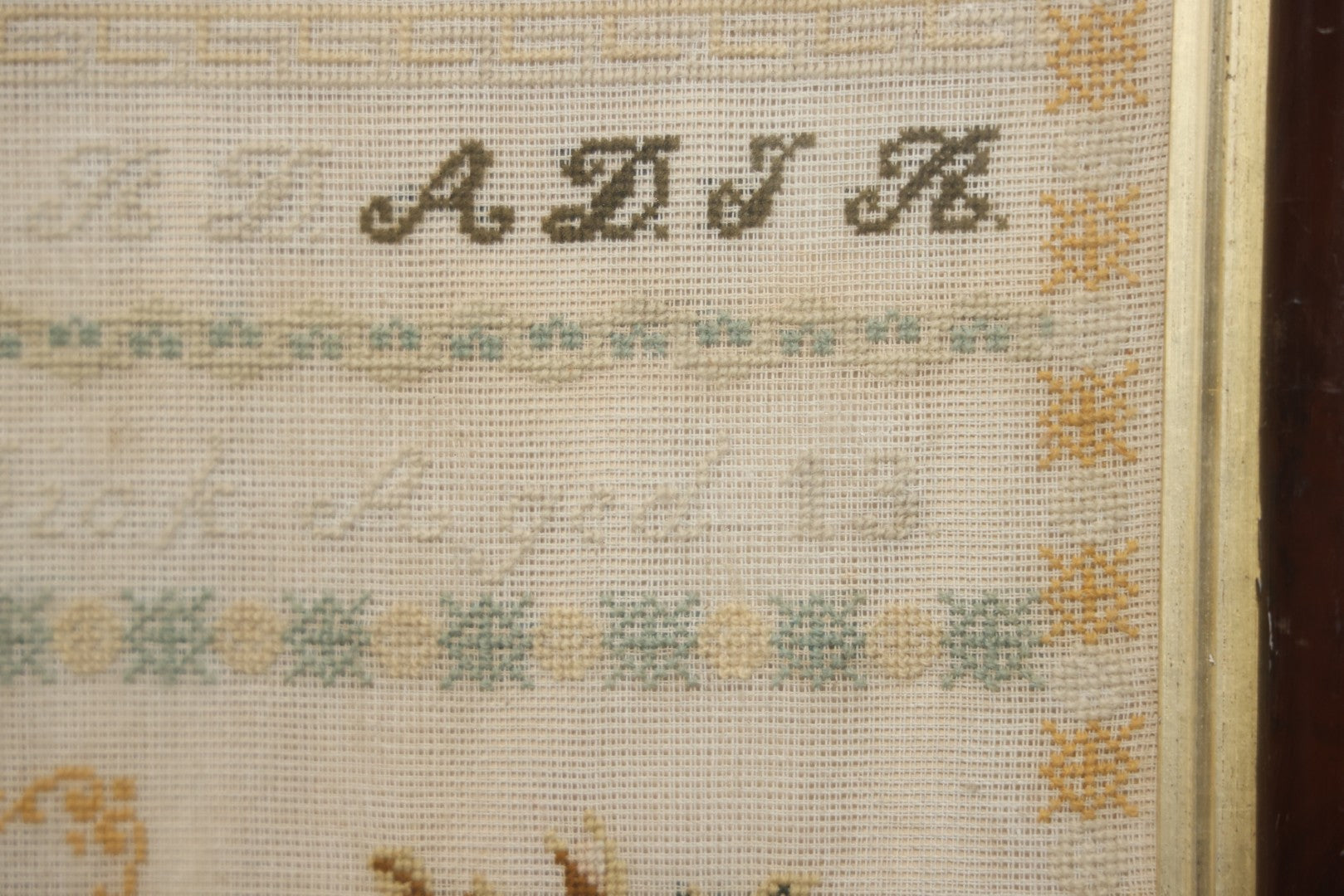 Antique European Schoolgirl Sampler With Alphabets, Numerals, Castle And Stag Motifs, Stitched By Maggie C. Dick, Age 13, Crosshill School, Circa Mid-19th Century, Framed, 26-3/8" X 27-1/4"