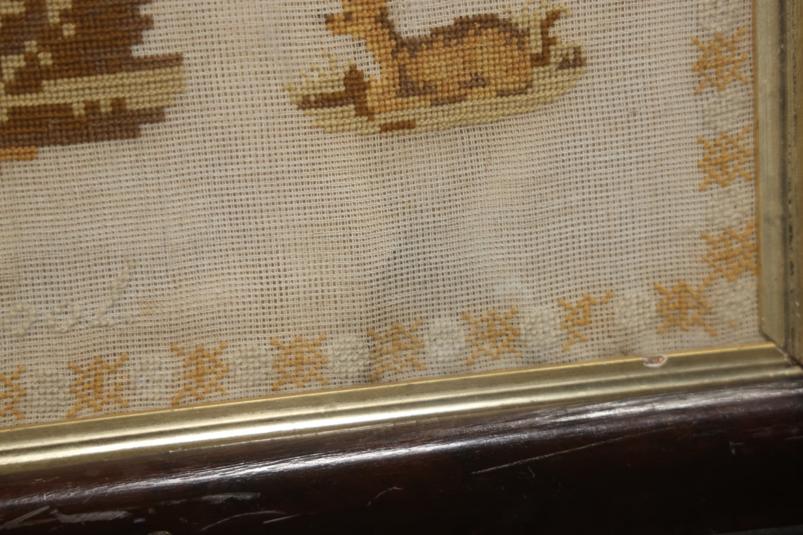 Antique European Schoolgirl Sampler With Alphabets, Numerals, Castle And Stag Motifs, Stitched By Maggie C. Dick, Age 13, Crosshill School, Circa Mid-19th Century, Framed, 26-3/8" X 27-1/4"