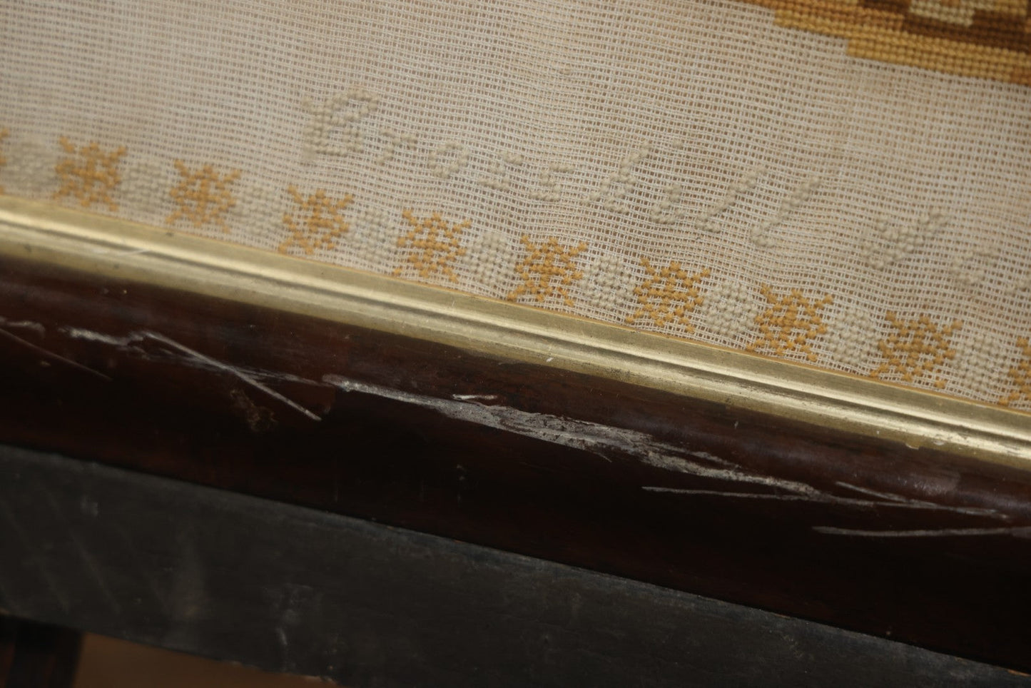 Antique European Schoolgirl Sampler With Alphabets, Numerals, Castle And Stag Motifs, Stitched By Maggie C. Dick, Age 13, Crosshill School, Circa Mid-19th Century, Framed, 26-3/8" X 27-1/4"