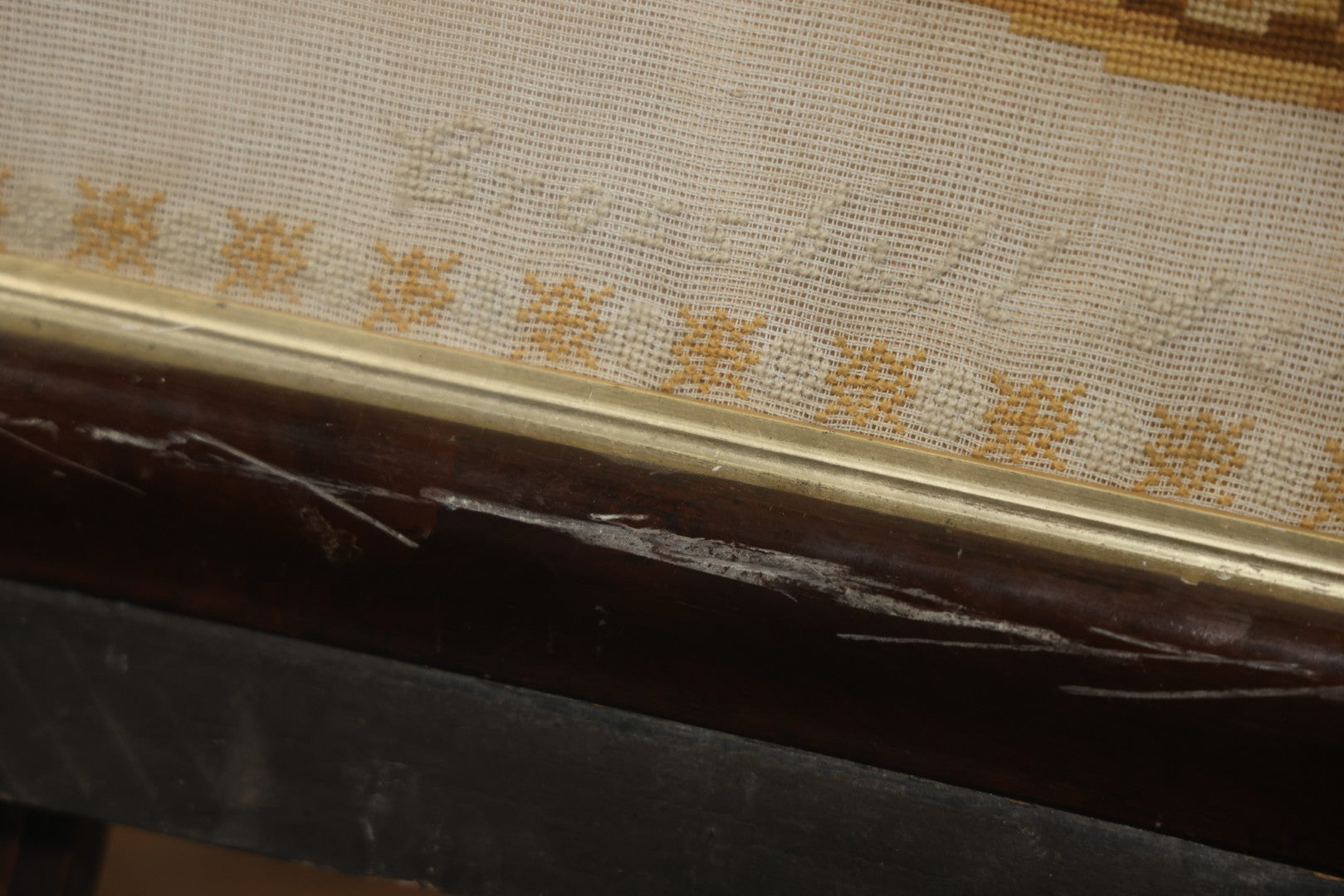 Antique European Schoolgirl Sampler With Alphabets, Numerals, Castle And Stag Motifs, Stitched By Maggie C. Dick, Age 13, Crosshill School, Circa Mid-19th Century, Framed, 26-3/8" X 27-1/4"