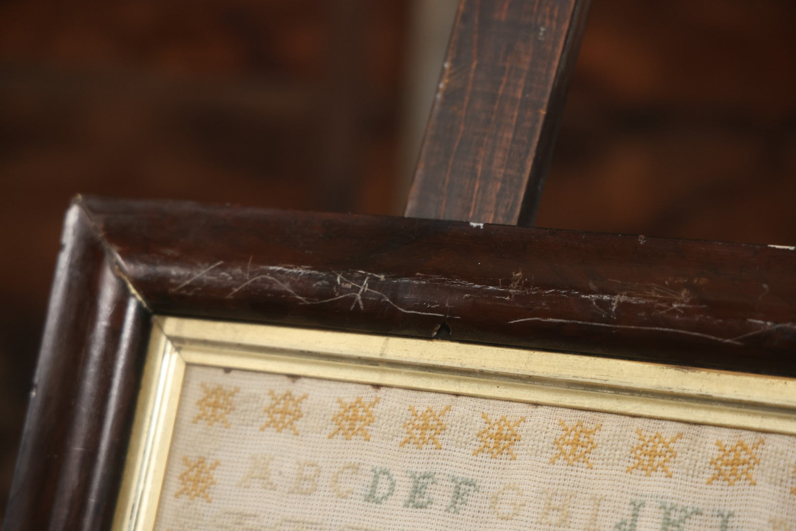 Antique European Schoolgirl Sampler With Alphabets, Numerals, Castle And Stag Motifs, Stitched By Maggie C. Dick, Age 13, Crosshill School, Circa Mid-19th Century, Framed, 26-3/8" X 27-1/4"