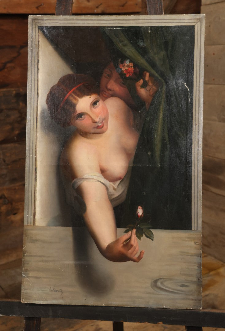 Antique Oil On Canvas Painting “Le Bouton De Rose” (The Rosebud) After Antoine Wiertz, Depicting Nude Maiden Offering A Rose With Man Peering From Behind Curtain, Signed “Wiertz,” With Wear And Surface Losses, 21-3/4" x 35-3/4"