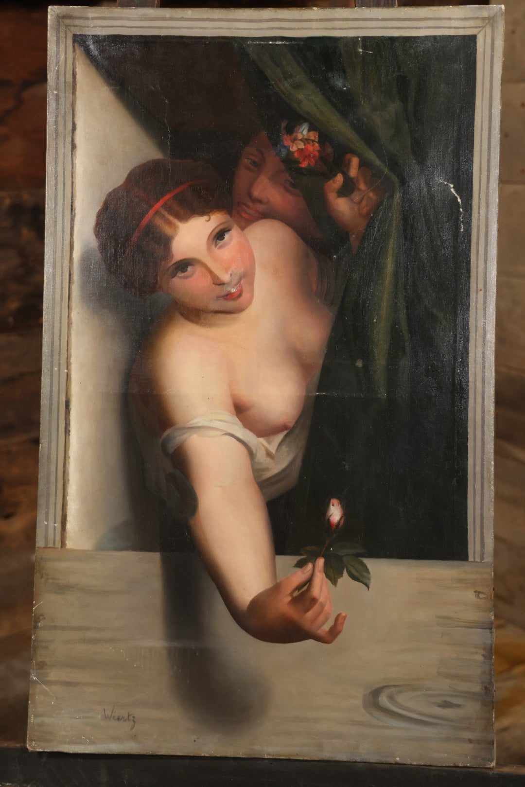 Antique Oil On Canvas Painting “Le Bouton De Rose” (The Rosebud) After Antoine Wiertz, Depicting Nude Maiden Offering A Rose With Man Peering From Behind Curtain, Signed “Wiertz,” With Wear And Surface Losses, 21-3/4" x 35-3/4"