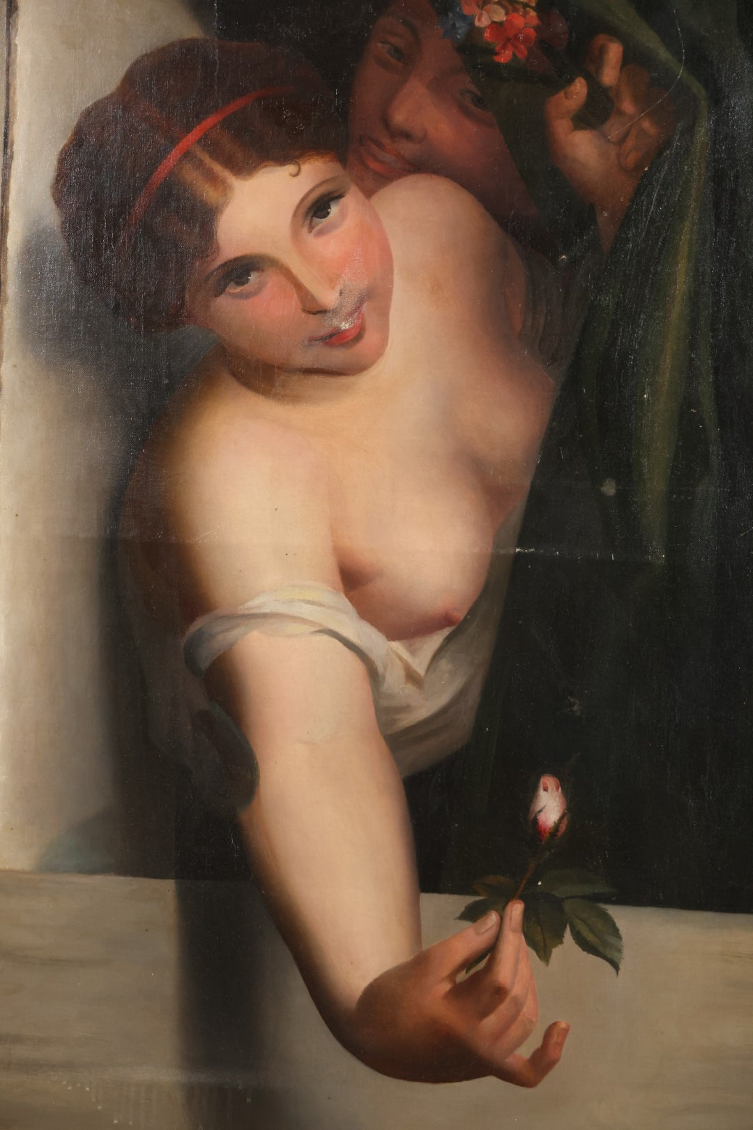 Antique Oil On Canvas Painting “Le Bouton De Rose” (The Rosebud) After Antoine Wiertz, Depicting Nude Maiden Offering A Rose With Man Peering From Behind Curtain, Signed “Wiertz,” With Wear And Surface Losses, 21-3/4" x 35-3/4"