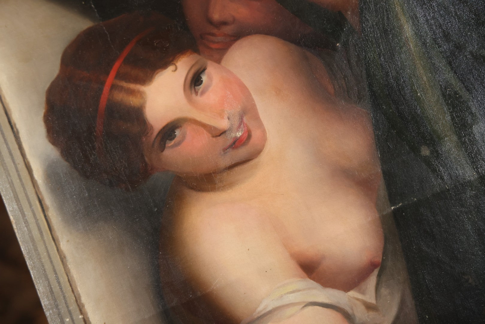 Antique Oil On Canvas Painting “Le Bouton De Rose” (The Rosebud) After Antoine Wiertz, Depicting Nude Maiden Offering A Rose With Man Peering From Behind Curtain, Signed “Wiertz,” With Wear And Surface Losses, 21-3/4" x 35-3/4"