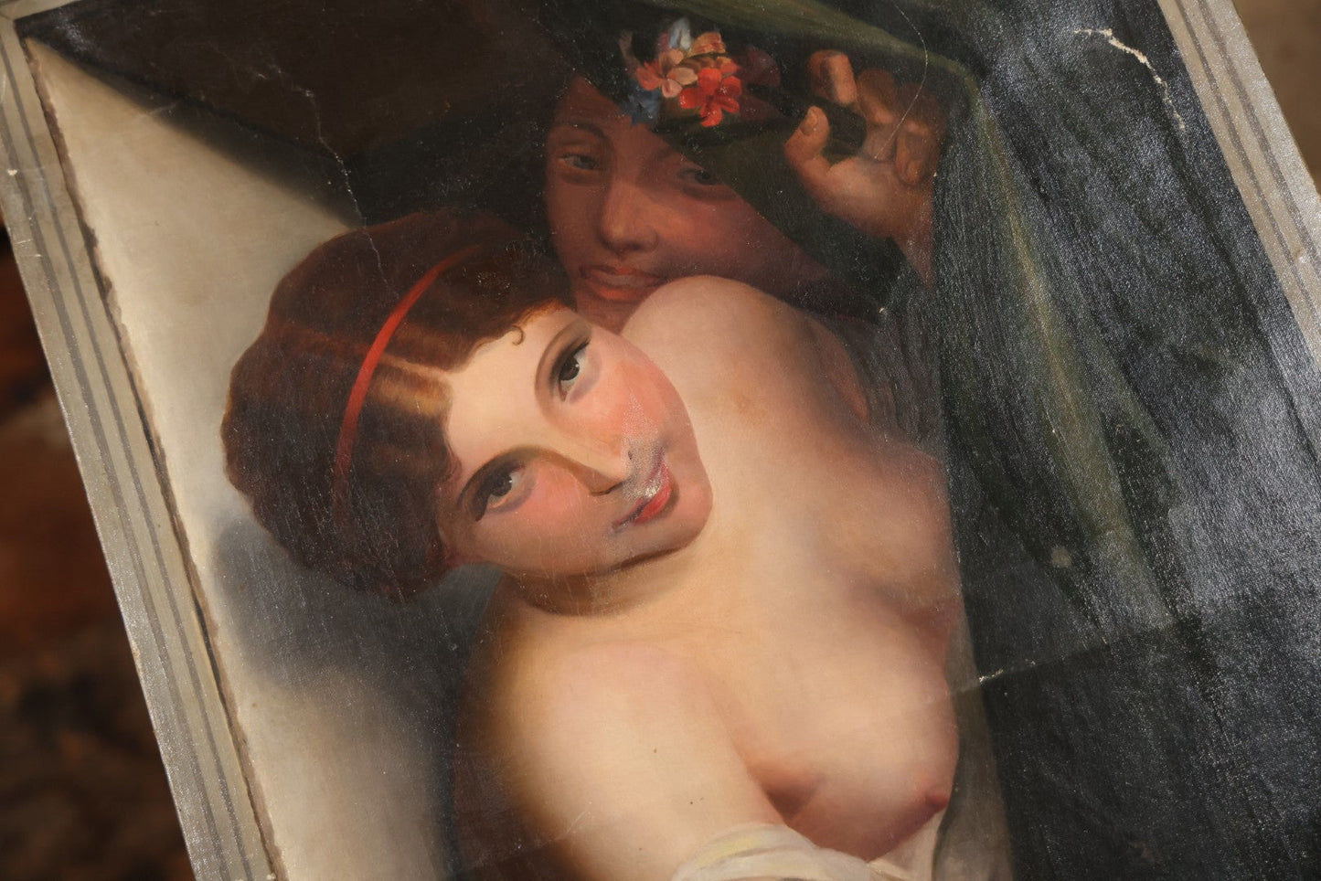 Antique Oil On Canvas Painting “Le Bouton De Rose” (The Rosebud) After Antoine Wiertz, Depicting Nude Maiden Offering A Rose With Man Peering From Behind Curtain, Signed “Wiertz,” With Wear And Surface Losses, 21-3/4" x 35-3/4"