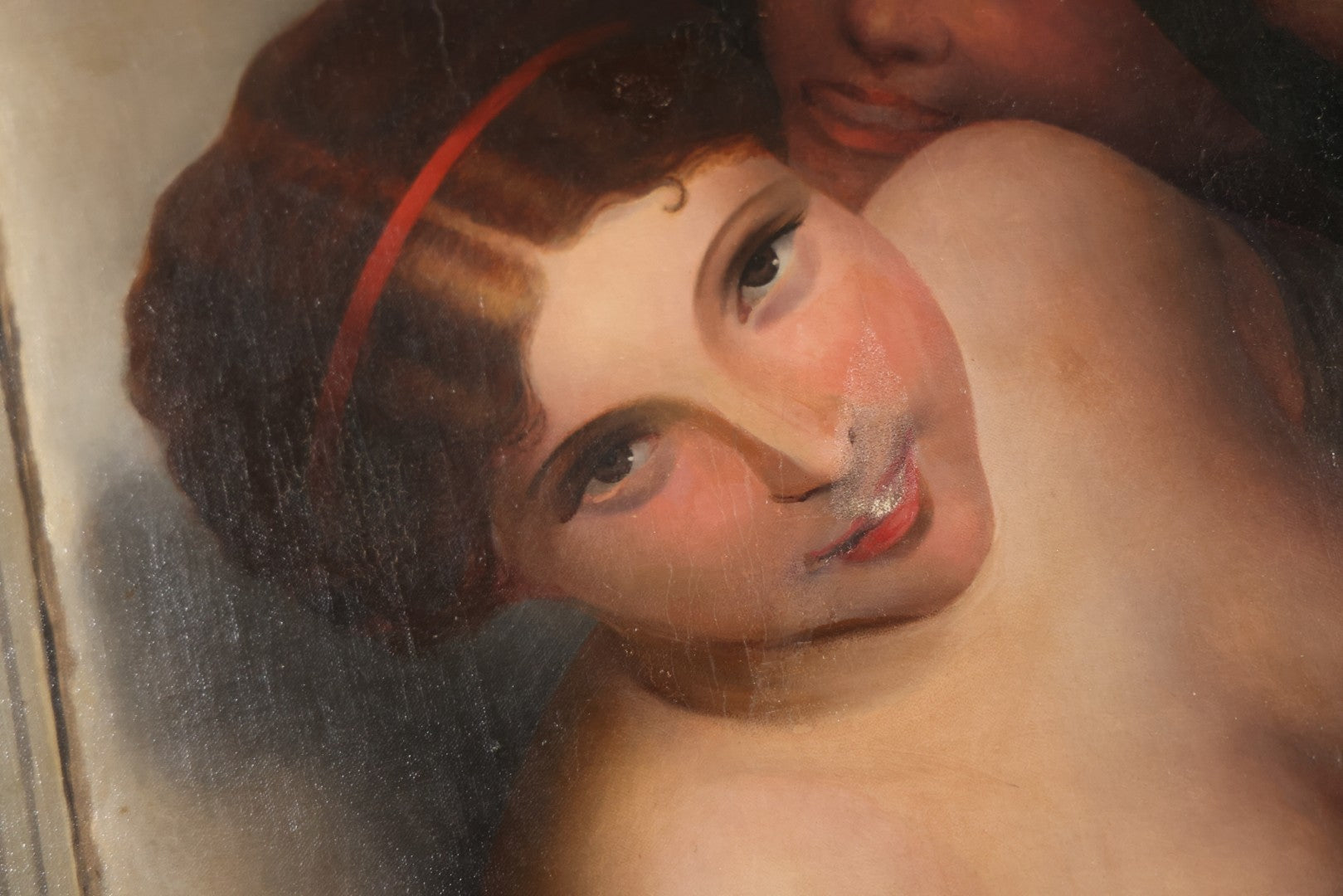 Antique Oil On Canvas Painting “Le Bouton De Rose” (The Rosebud) After Antoine Wiertz, Depicting Nude Maiden Offering A Rose With Man Peering From Behind Curtain, Signed “Wiertz,” With Wear And Surface Losses, 21-3/4" x 35-3/4"