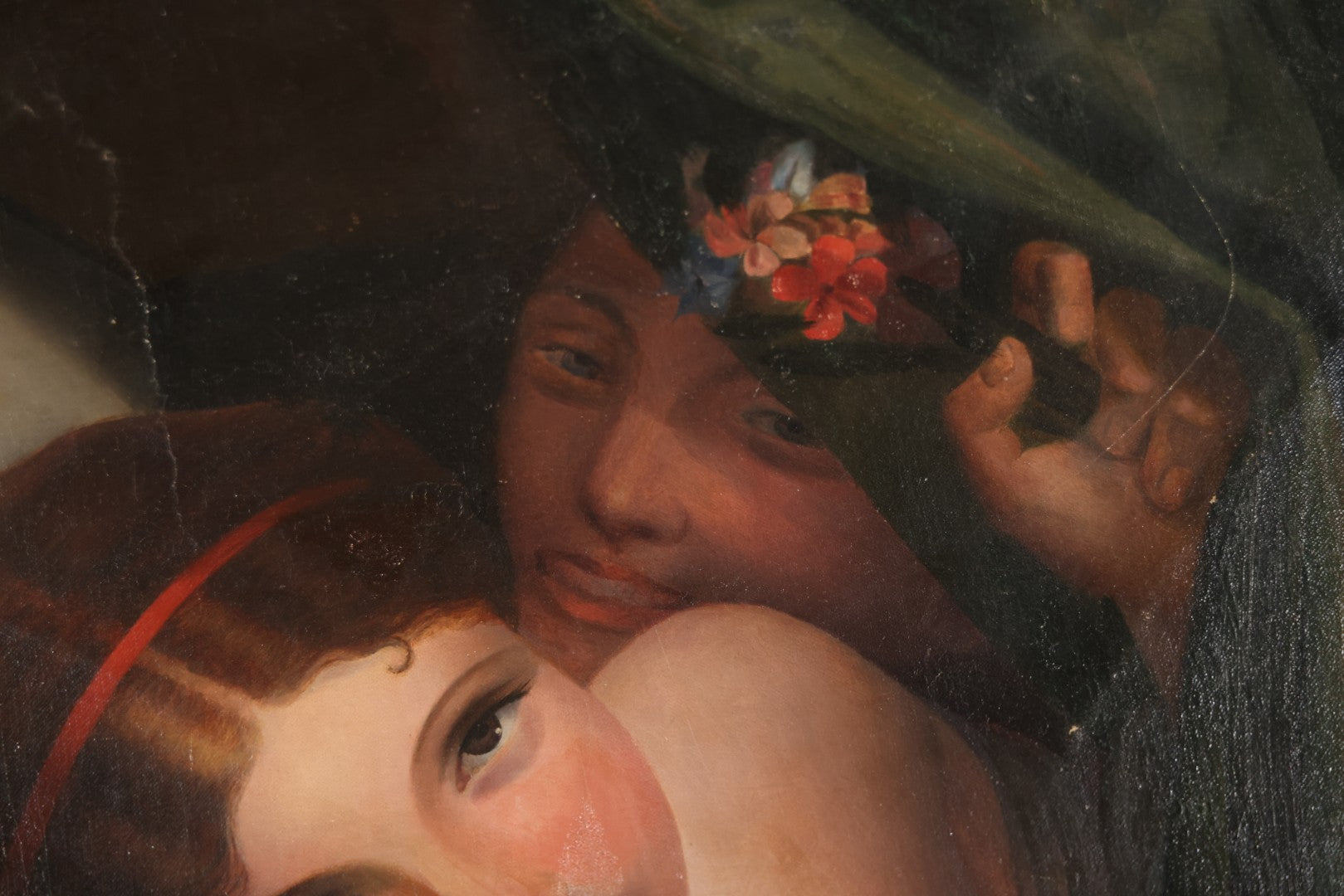 Antique Oil On Canvas Painting “Le Bouton De Rose” (The Rosebud) After Antoine Wiertz, Depicting Nude Maiden Offering A Rose With Man Peering From Behind Curtain, Signed “Wiertz,” With Wear And Surface Losses, 21-3/4" x 35-3/4"