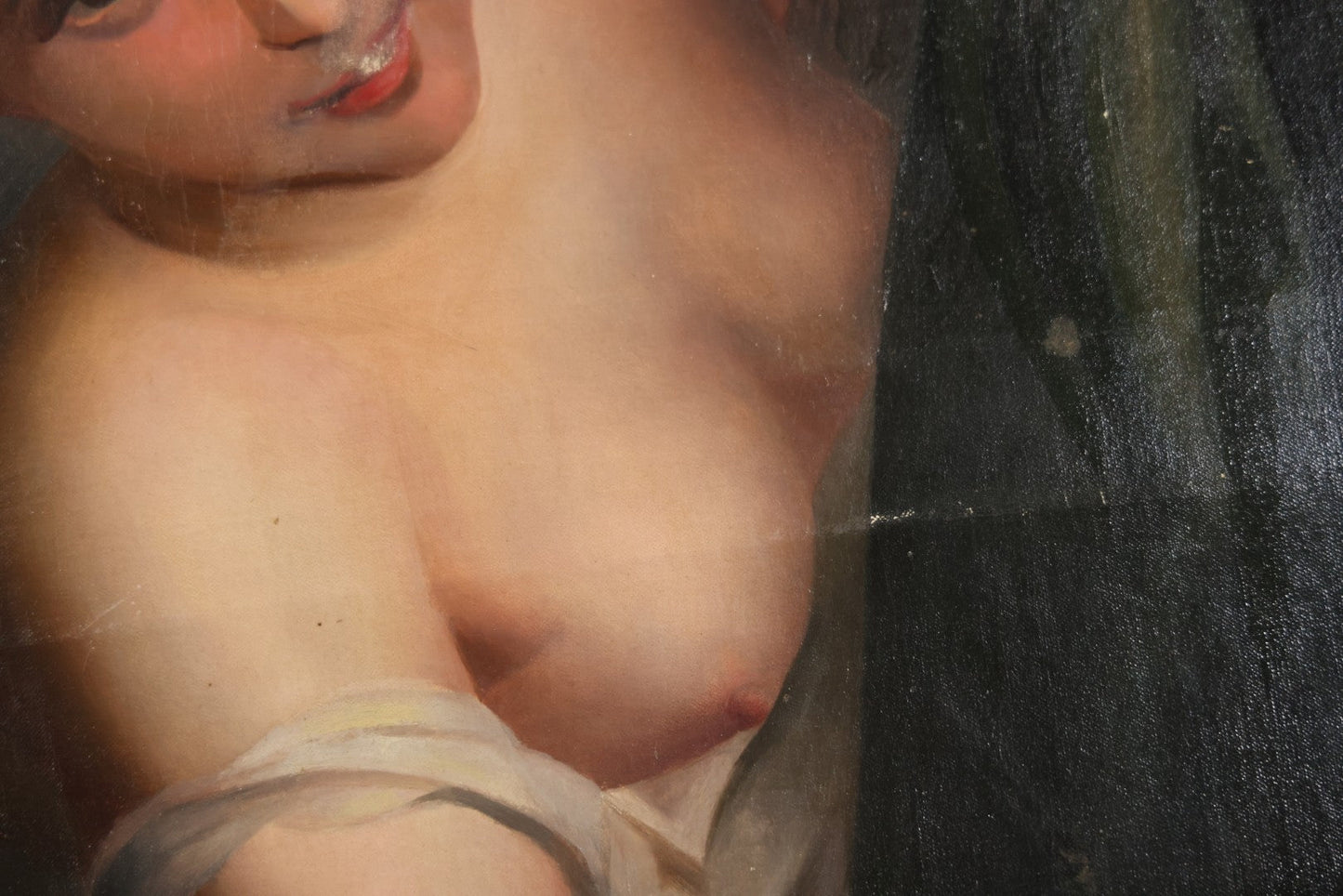 Antique Oil On Canvas Painting “Le Bouton De Rose” (The Rosebud) After Antoine Wiertz, Depicting Nude Maiden Offering A Rose With Man Peering From Behind Curtain, Signed “Wiertz,” With Wear And Surface Losses, 21-3/4" x 35-3/4"