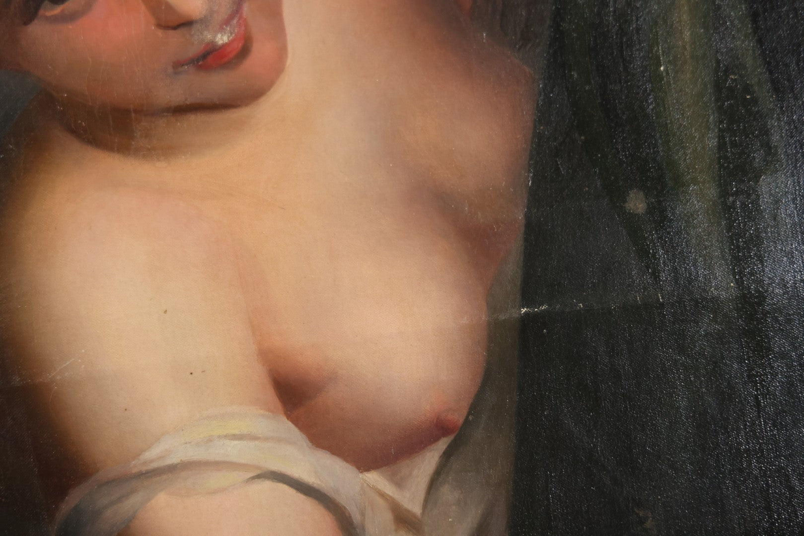 Antique Oil On Canvas Painting “Le Bouton De Rose” (The Rosebud) After Antoine Wiertz, Depicting Nude Maiden Offering A Rose With Man Peering From Behind Curtain, Signed “Wiertz,” With Wear And Surface Losses, 21-3/4" x 35-3/4"