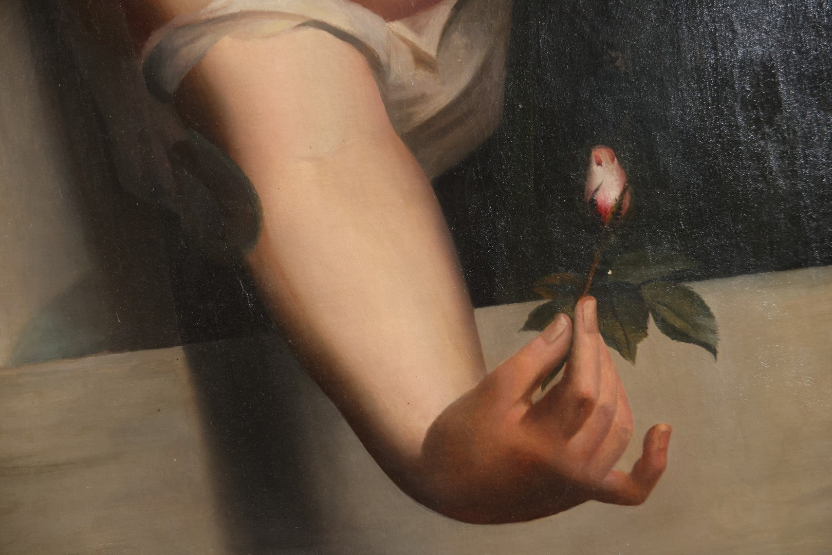 Antique Oil On Canvas Painting “Le Bouton De Rose” (The Rosebud) After Antoine Wiertz, Depicting Nude Maiden Offering A Rose With Man Peering From Behind Curtain, Signed “Wiertz,” With Wear And Surface Losses, 21-3/4" x 35-3/4"