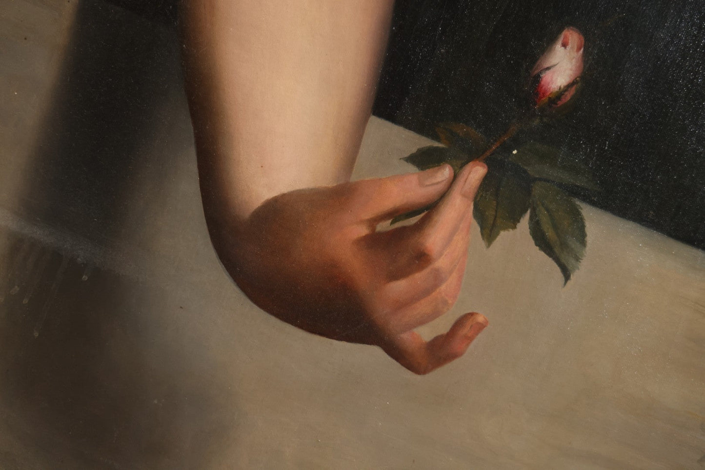 Antique Oil On Canvas Painting “Le Bouton De Rose” (The Rosebud) After Antoine Wiertz, Depicting Nude Maiden Offering A Rose With Man Peering From Behind Curtain, Signed “Wiertz,” With Wear And Surface Losses, 21-3/4" x 35-3/4"