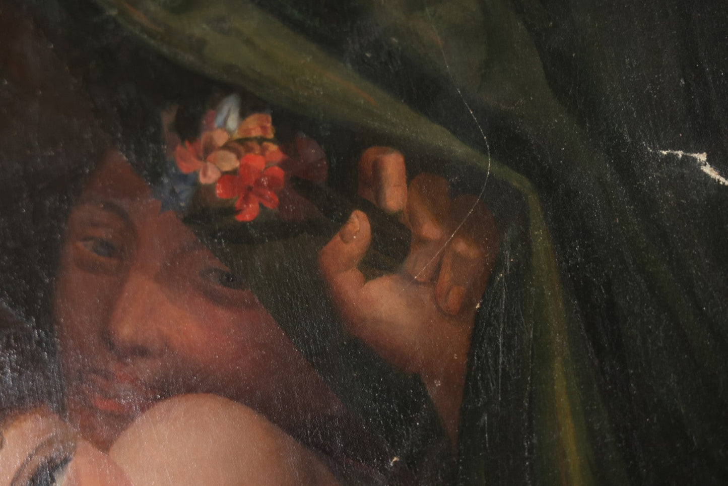 Antique Oil On Canvas Painting “Le Bouton De Rose” (The Rosebud) After Antoine Wiertz, Depicting Nude Maiden Offering A Rose With Man Peering From Behind Curtain, Signed “Wiertz,” With Wear And Surface Losses, 21-3/4" x 35-3/4"