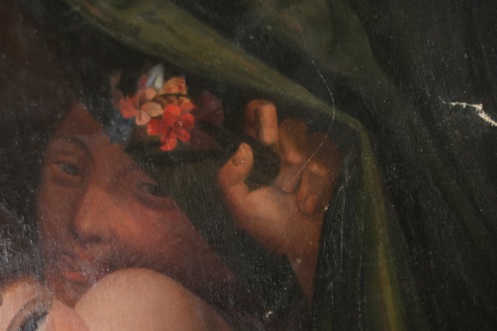 Antique Oil On Canvas Painting “Le Bouton De Rose” (The Rosebud) After Antoine Wiertz, Depicting Nude Maiden Offering A Rose With Man Peering From Behind Curtain, Signed “Wiertz,” With Wear And Surface Losses, 21-3/4" x 35-3/4"