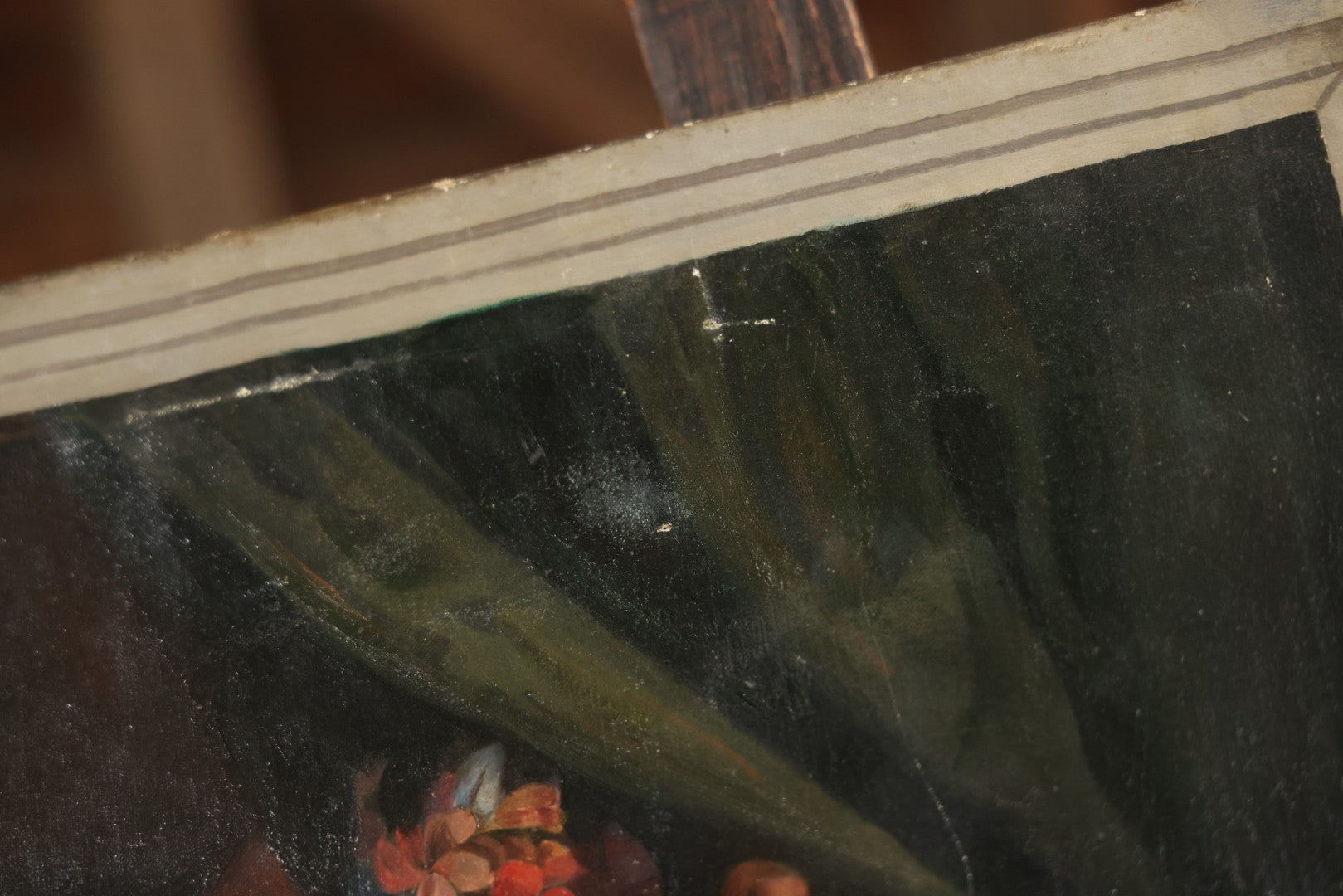 Antique Oil On Canvas Painting “Le Bouton De Rose” (The Rosebud) After Antoine Wiertz, Depicting Nude Maiden Offering A Rose With Man Peering From Behind Curtain, Signed “Wiertz,” With Wear And Surface Losses, 21-3/4" x 35-3/4"