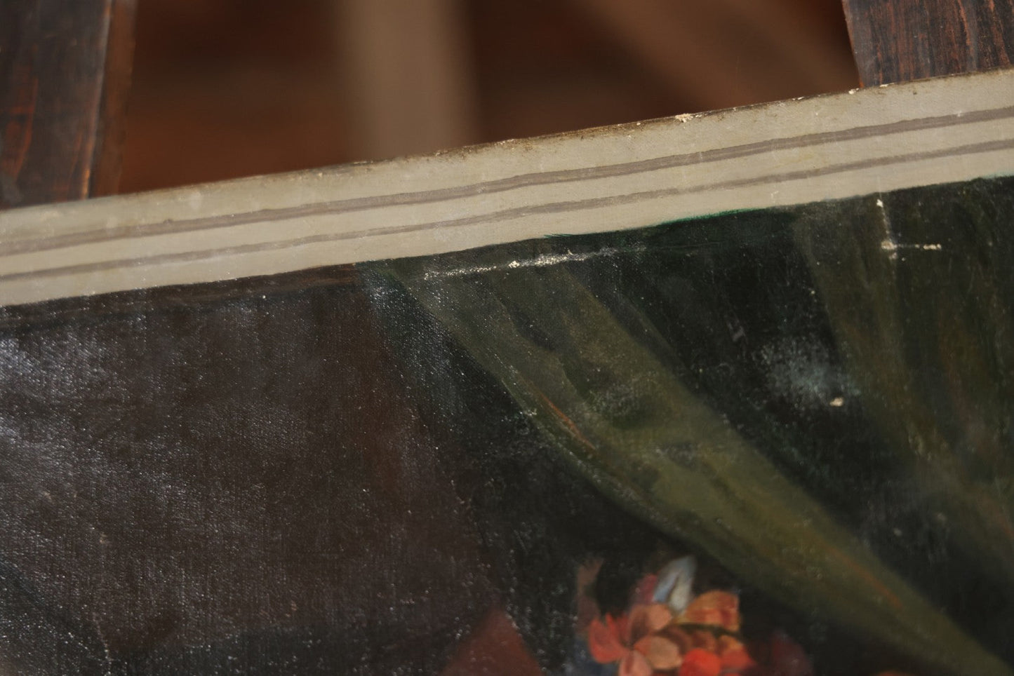 Antique Oil On Canvas Painting “Le Bouton De Rose” (The Rosebud) After Antoine Wiertz, Depicting Nude Maiden Offering A Rose With Man Peering From Behind Curtain, Signed “Wiertz,” With Wear And Surface Losses, 21-3/4" x 35-3/4"