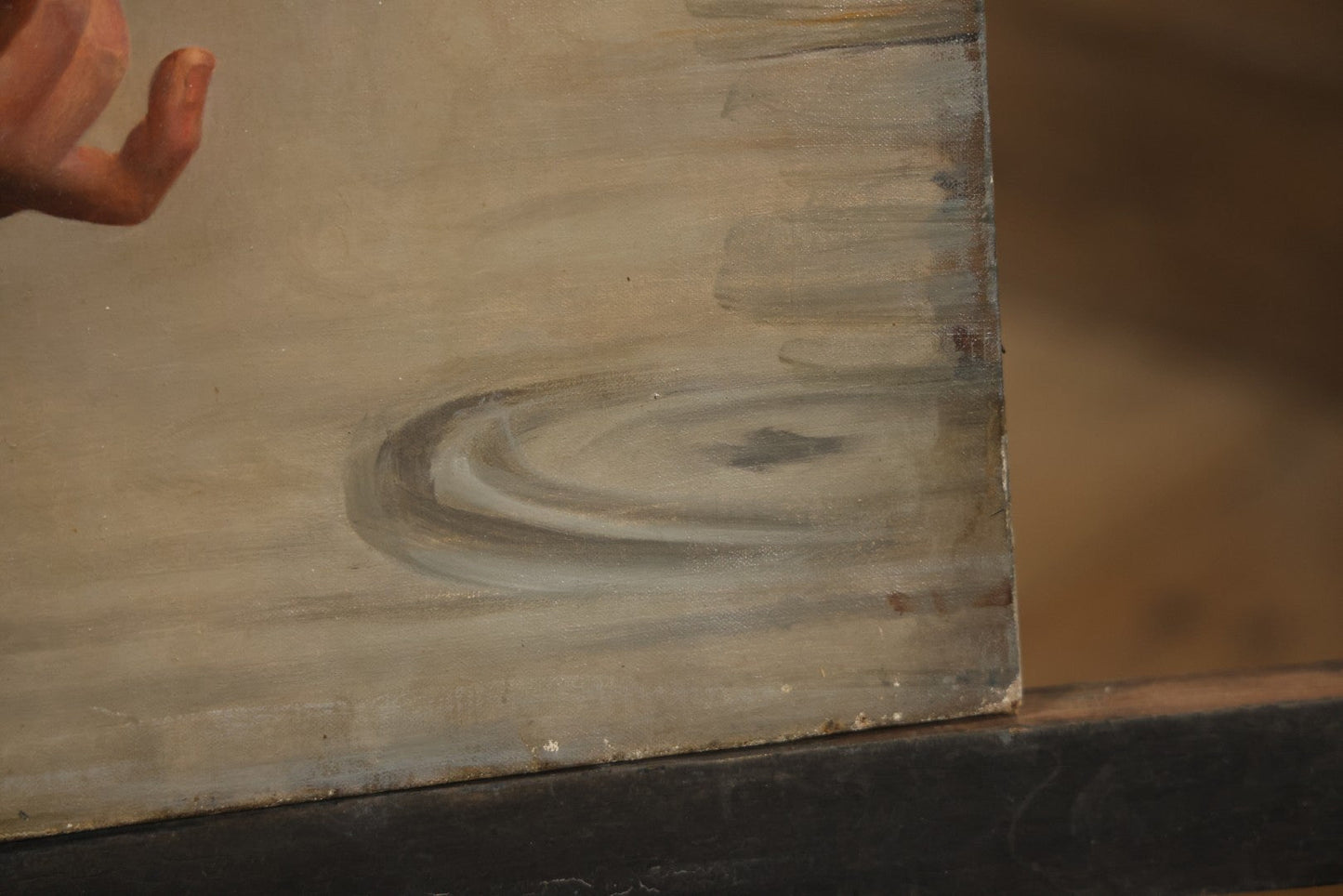 Antique Oil On Canvas Painting “Le Bouton De Rose” (The Rosebud) After Antoine Wiertz, Depicting Nude Maiden Offering A Rose With Man Peering From Behind Curtain, Signed “Wiertz,” With Wear And Surface Losses, 21-3/4" x 35-3/4"