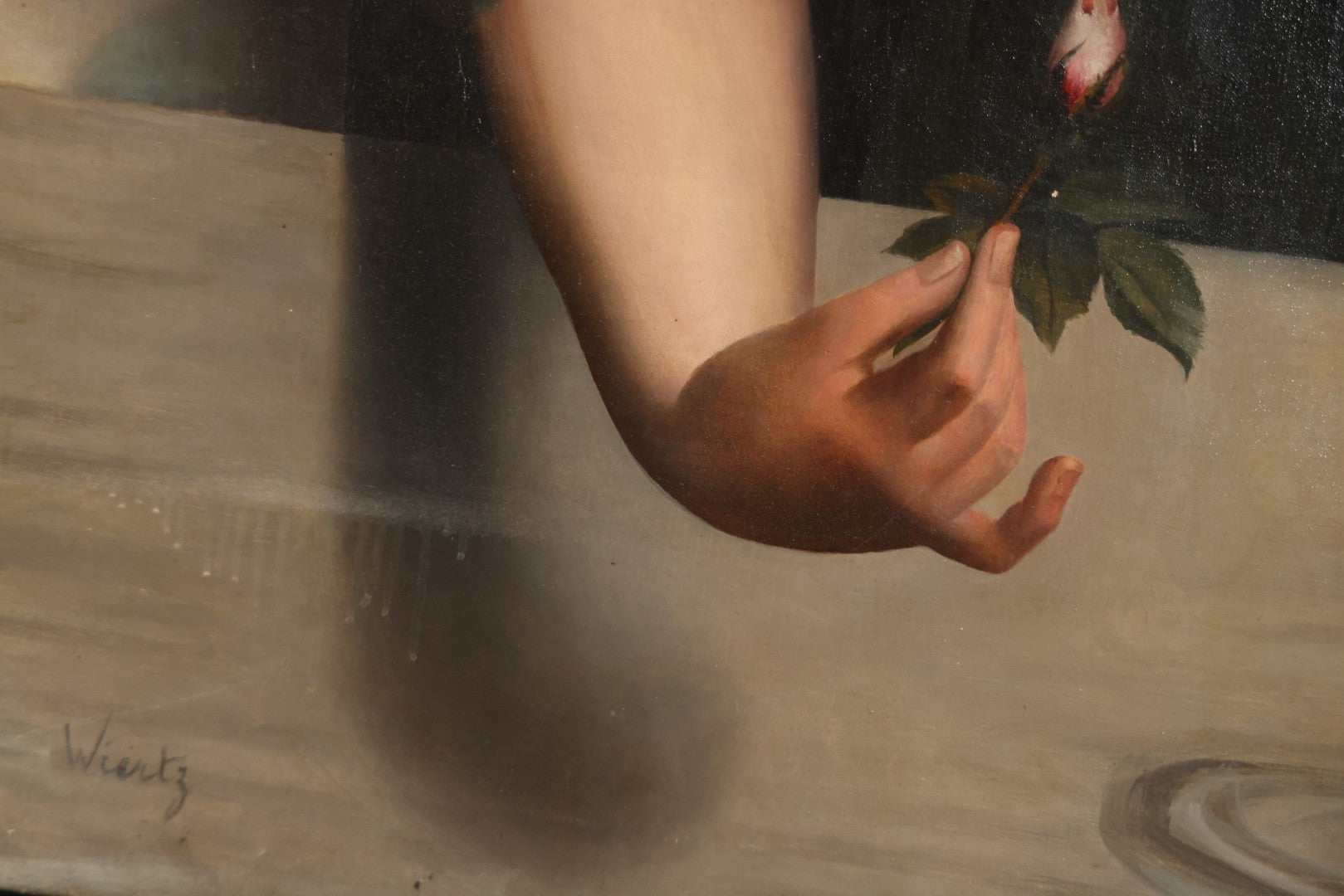 Antique Oil On Canvas Painting “Le Bouton De Rose” (The Rosebud) After Antoine Wiertz, Depicting Nude Maiden Offering A Rose With Man Peering From Behind Curtain, Signed “Wiertz,” With Wear And Surface Losses, 21-3/4" x 35-3/4"