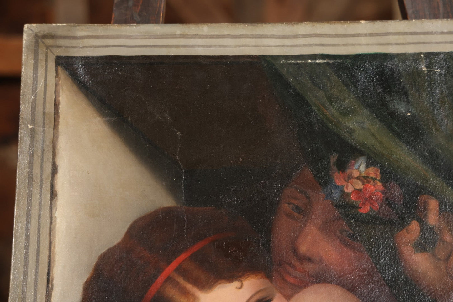 Antique Oil On Canvas Painting “Le Bouton De Rose” (The Rosebud) After Antoine Wiertz, Depicting Nude Maiden Offering A Rose With Man Peering From Behind Curtain, Signed “Wiertz,” With Wear And Surface Losses, 21-3/4" x 35-3/4"