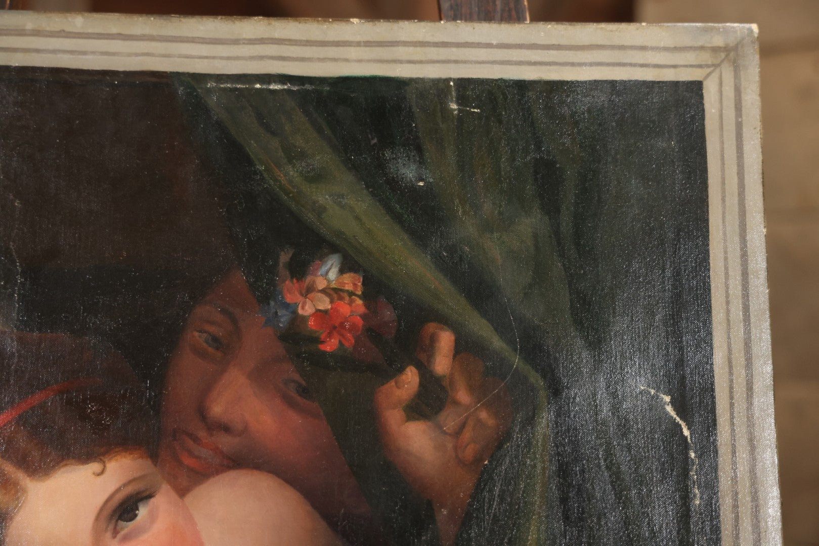 Antique Oil On Canvas Painting “Le Bouton De Rose” (The Rosebud) After Antoine Wiertz, Depicting Nude Maiden Offering A Rose With Man Peering From Behind Curtain, Signed “Wiertz,” With Wear And Surface Losses, 21-3/4" x 35-3/4"