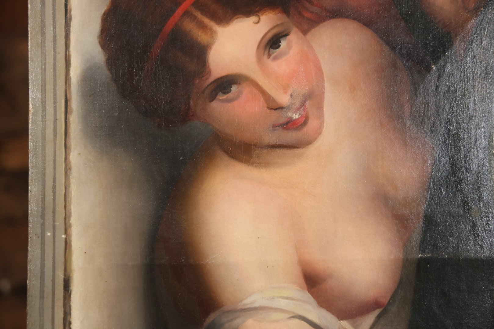 Antique Oil On Canvas Painting “Le Bouton De Rose” (The Rosebud) After Antoine Wiertz, Depicting Nude Maiden Offering A Rose With Man Peering From Behind Curtain, Signed “Wiertz,” With Wear And Surface Losses, 21-3/4" x 35-3/4"