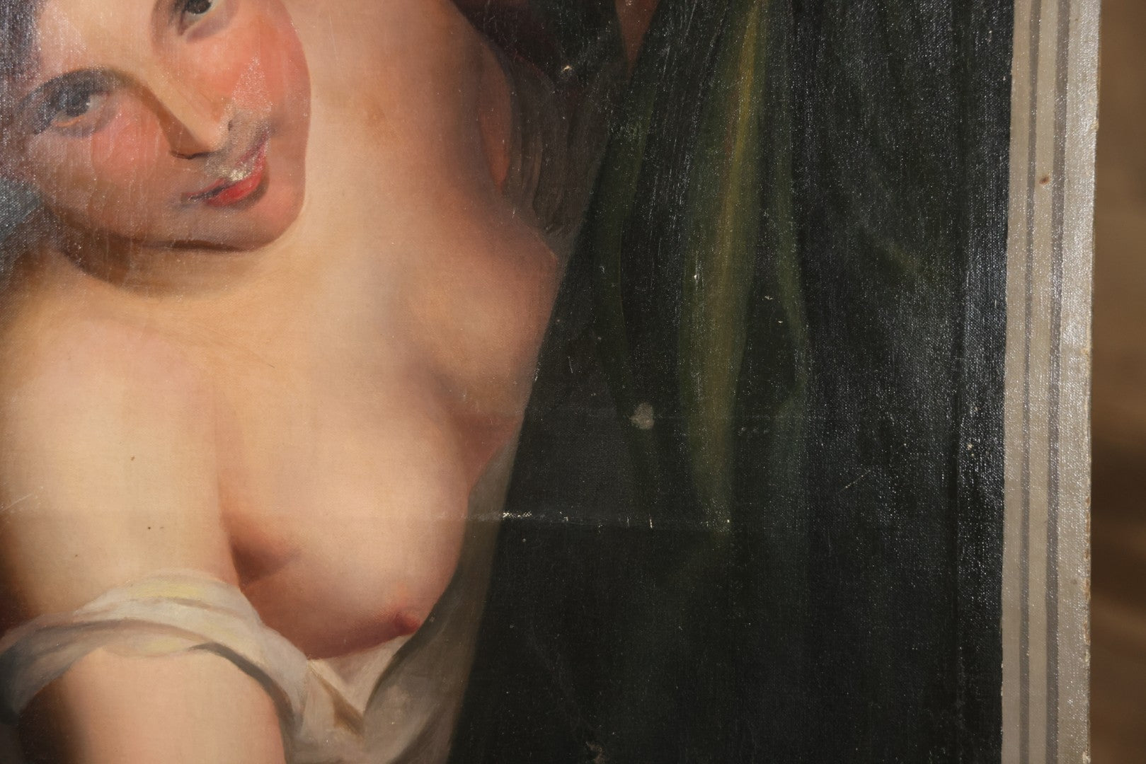 Antique Oil On Canvas Painting “Le Bouton De Rose” (The Rosebud) After Antoine Wiertz, Depicting Nude Maiden Offering A Rose With Man Peering From Behind Curtain, Signed “Wiertz,” With Wear And Surface Losses, 21-3/4" x 35-3/4"