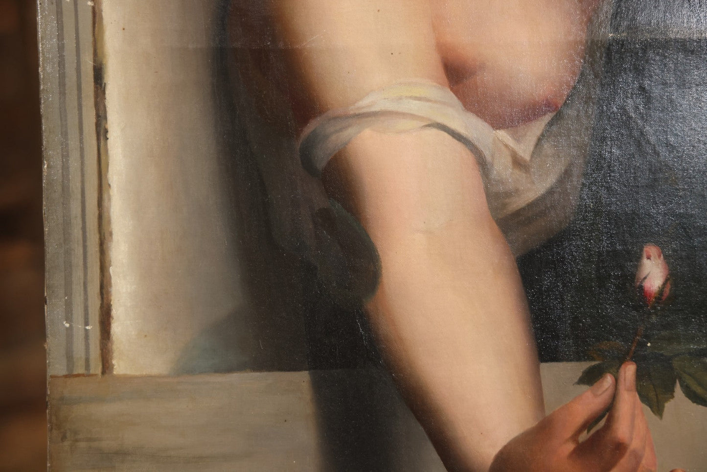 Antique Oil On Canvas Painting “Le Bouton De Rose” (The Rosebud) After Antoine Wiertz, Depicting Nude Maiden Offering A Rose With Man Peering From Behind Curtain, Signed “Wiertz,” With Wear And Surface Losses, 21-3/4" x 35-3/4"