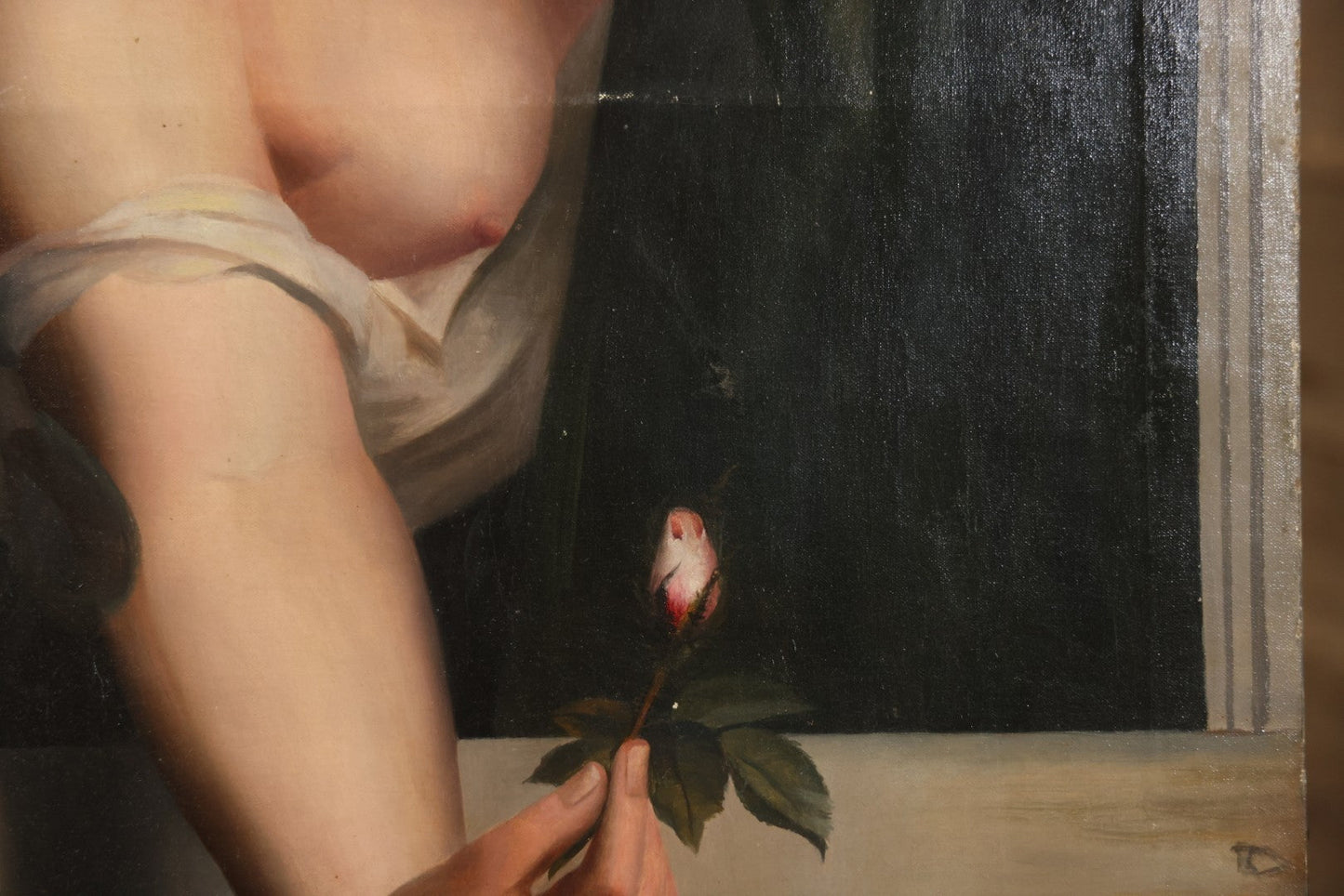 Antique Oil On Canvas Painting “Le Bouton De Rose” (The Rosebud) After Antoine Wiertz, Depicting Nude Maiden Offering A Rose With Man Peering From Behind Curtain, Signed “Wiertz,” With Wear And Surface Losses, 21-3/4" x 35-3/4"
