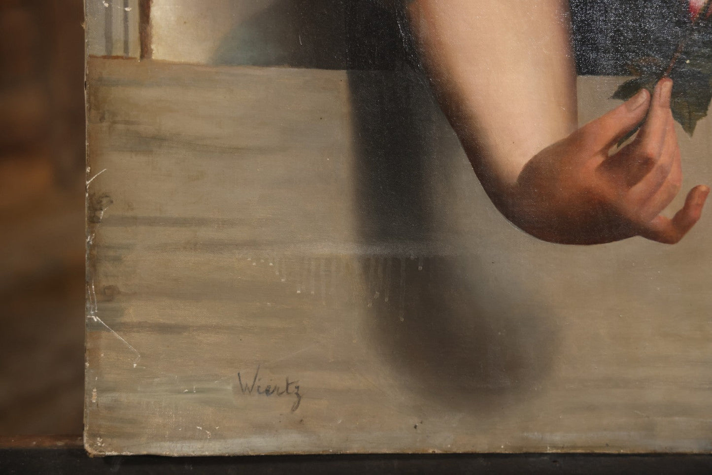 Antique Oil On Canvas Painting “Le Bouton De Rose” (The Rosebud) After Antoine Wiertz, Depicting Nude Maiden Offering A Rose With Man Peering From Behind Curtain, Signed “Wiertz,” With Wear And Surface Losses, 21-3/4" x 35-3/4"