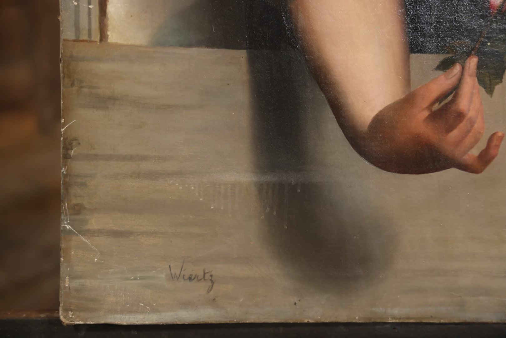 Antique Oil On Canvas Painting “Le Bouton De Rose” (The Rosebud) After Antoine Wiertz, Depicting Nude Maiden Offering A Rose With Man Peering From Behind Curtain, Signed “Wiertz,” With Wear And Surface Losses, 21-3/4" x 35-3/4"