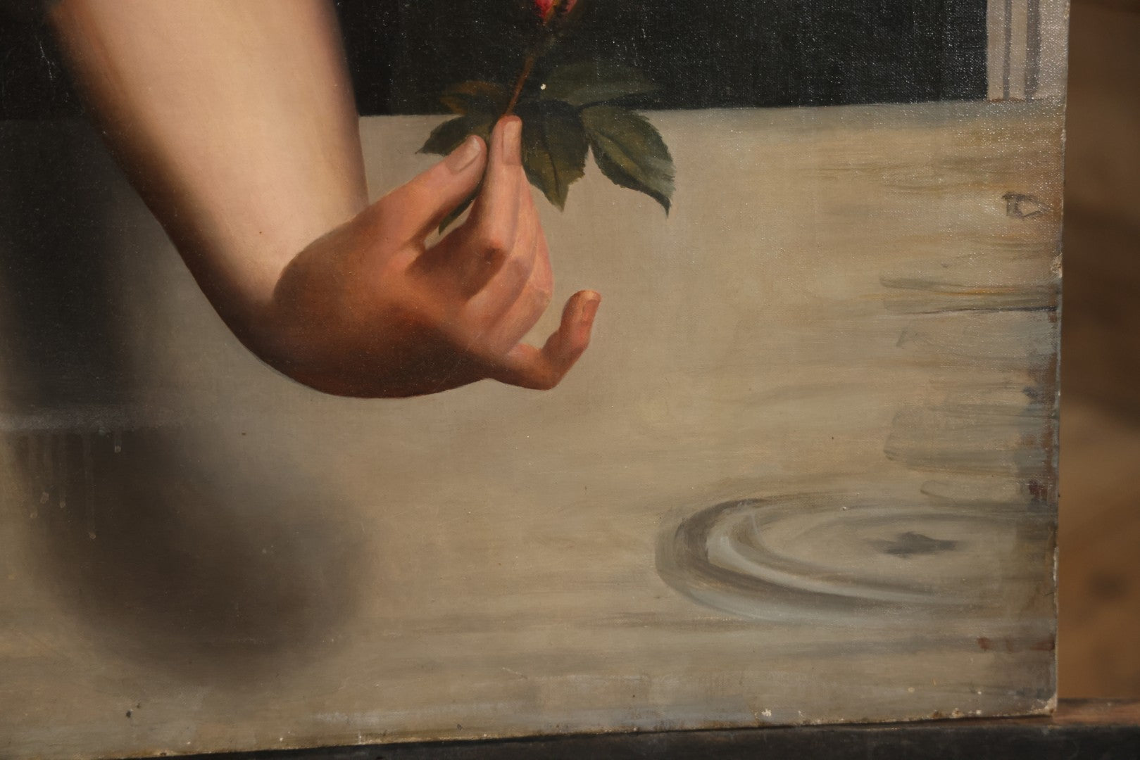 Antique Oil On Canvas Painting “Le Bouton De Rose” (The Rosebud) After Antoine Wiertz, Depicting Nude Maiden Offering A Rose With Man Peering From Behind Curtain, Signed “Wiertz,” With Wear And Surface Losses, 21-3/4" x 35-3/4"