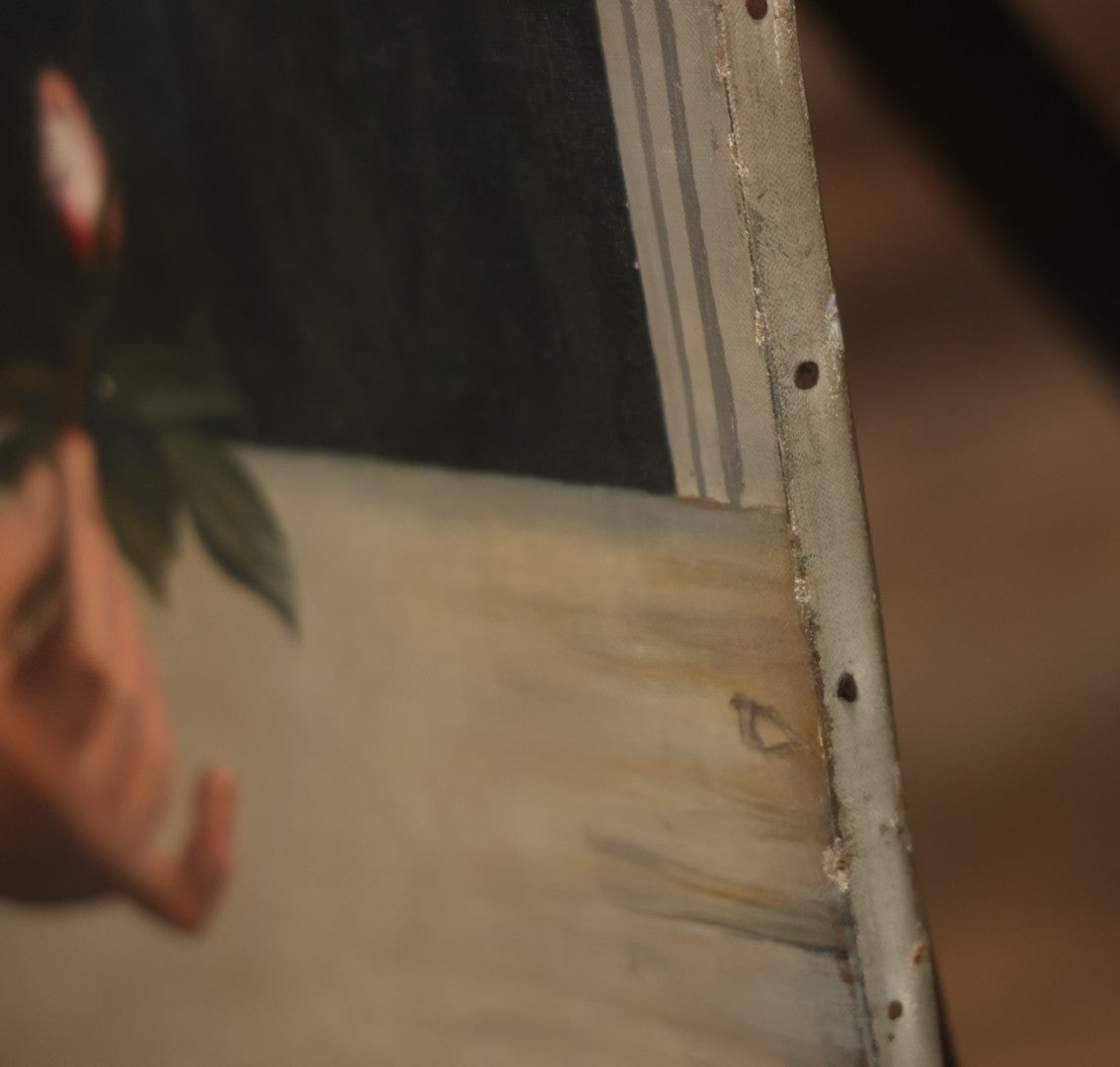 Antique Oil On Canvas Painting “Le Bouton De Rose” (The Rosebud) After Antoine Wiertz, Depicting Nude Maiden Offering A Rose With Man Peering From Behind Curtain, Signed “Wiertz,” With Wear And Surface Losses, 21-3/4" x 35-3/4"