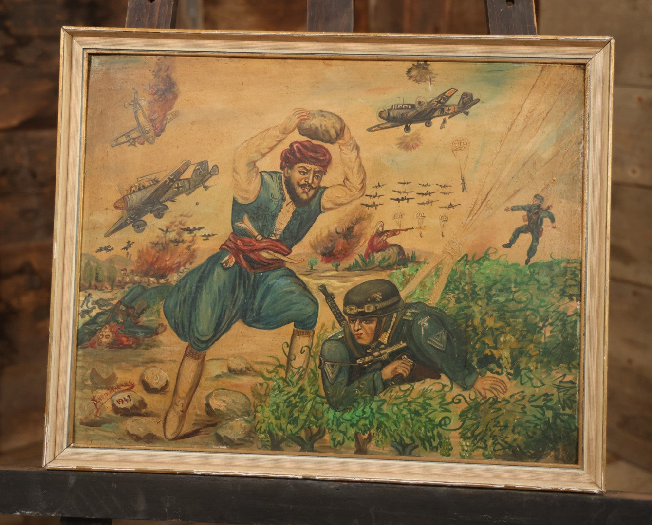 Vintage Mid-20th Century Wartime Folk Art Painting Of Partisan Attacking German Soldier With Stone, Signed And Dated 1941/1947, On Masonite, In Frame, 22-7/8" X 18-3/8"