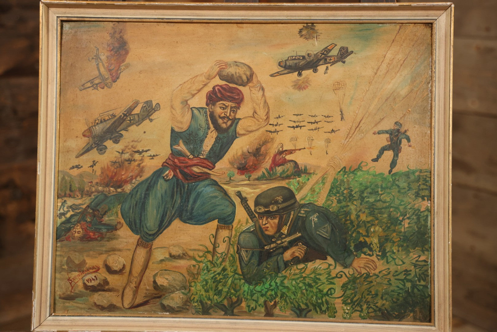 Vintage Mid-20th Century Wartime Folk Art Painting Of Partisan Attacking German Soldier With Stone, Signed And Dated 1941/1947, On Masonite, In Frame, 22-7/8" X 18-3/8"