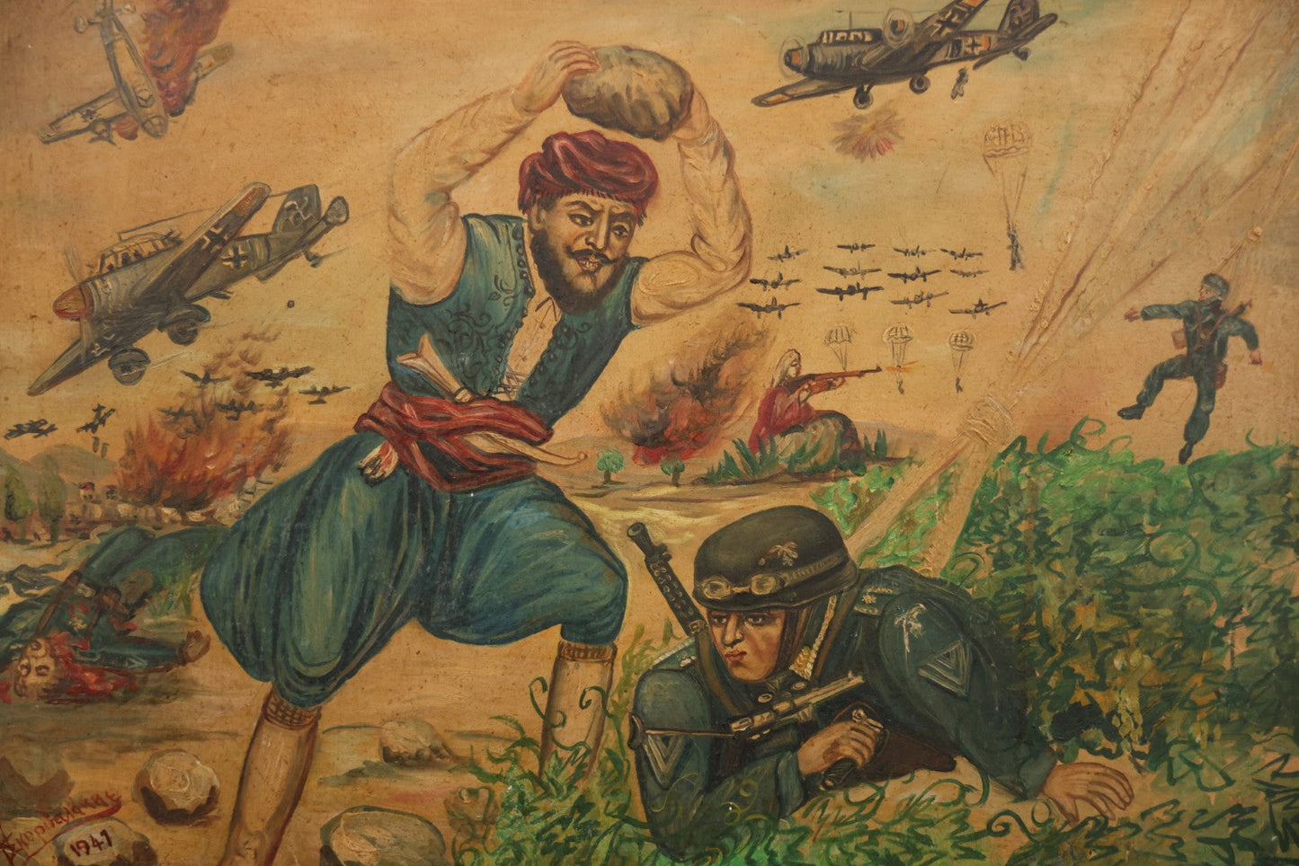 Vintage Mid-20th Century Wartime Folk Art Painting Of Partisan Attacking German Soldier With Stone, Signed And Dated 1941/1947, On Masonite, In Frame, 22-7/8" X 18-3/8"