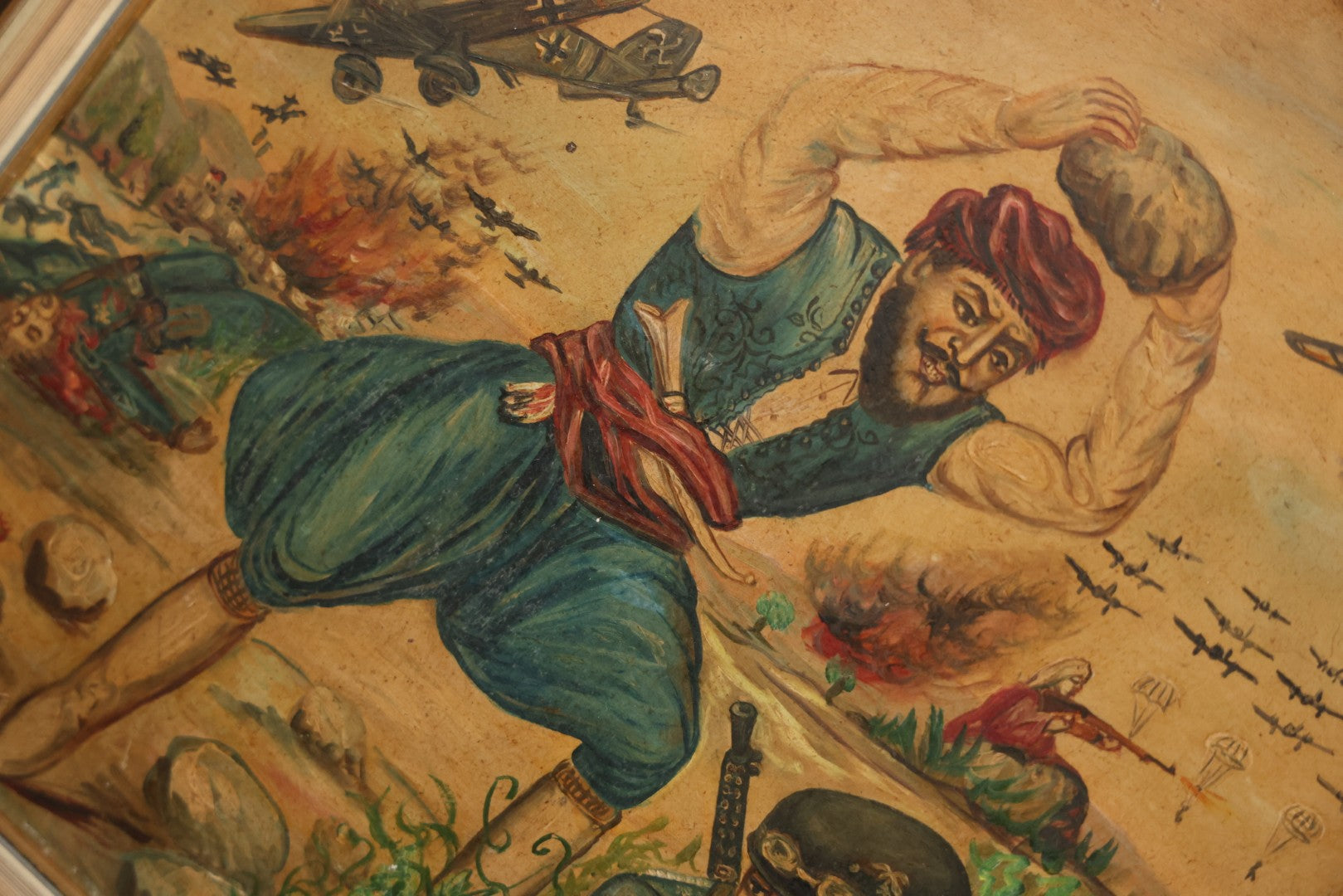 Vintage Mid-20th Century Wartime Folk Art Painting Of Partisan Attacking German Soldier With Stone, Signed And Dated 1941/1947, On Masonite, In Frame, 22-7/8" X 18-3/8"