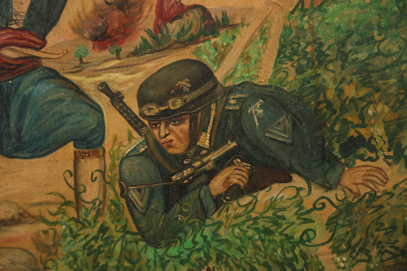 Vintage Mid-20th Century Wartime Folk Art Painting Of Partisan Attacking German Soldier With Stone, Signed And Dated 1941/1947, On Masonite, In Frame, 22-7/8" X 18-3/8"