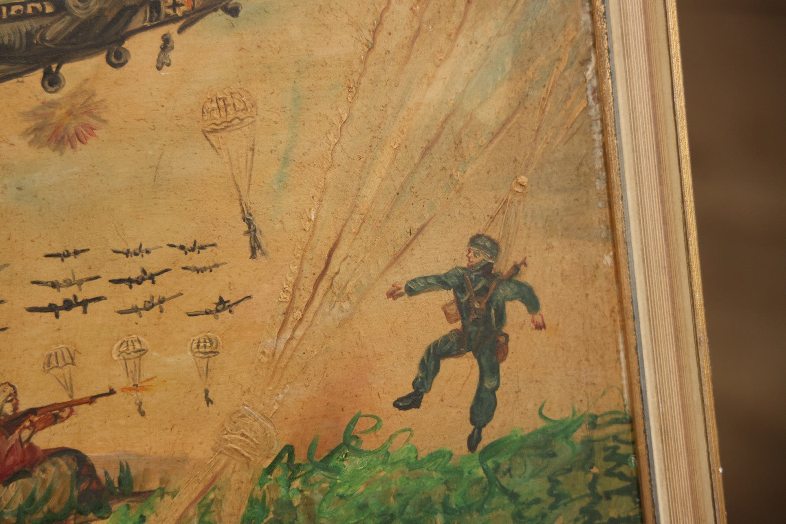 Vintage Mid-20th Century Wartime Folk Art Painting Of Partisan Attacking German Soldier With Stone, Signed And Dated 1941/1947, On Masonite, In Frame, 22-7/8" X 18-3/8"