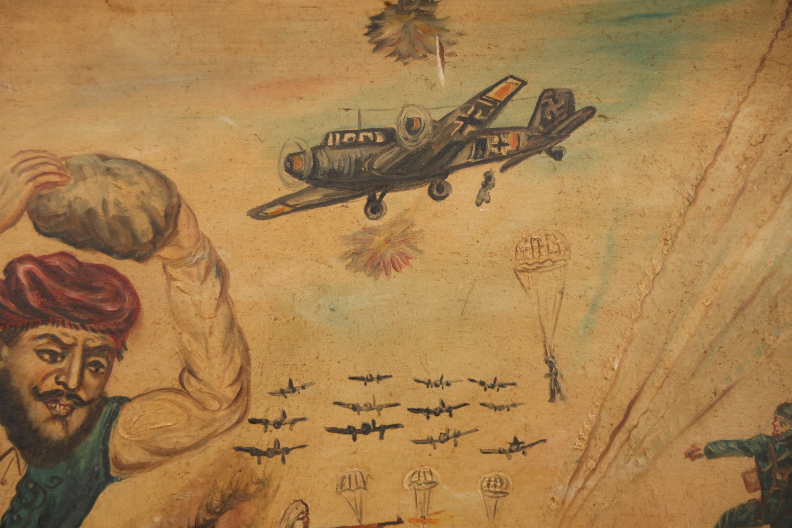 Vintage Mid-20th Century Wartime Folk Art Painting Of Partisan Attacking German Soldier With Stone, Signed And Dated 1941/1947, On Masonite, In Frame, 22-7/8" X 18-3/8"