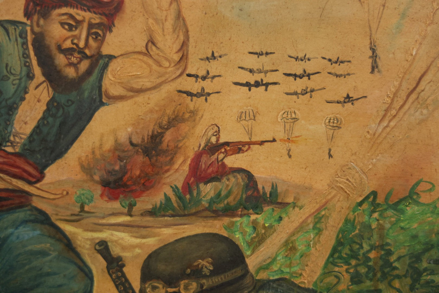 Vintage Mid-20th Century Wartime Folk Art Painting Of Partisan Attacking German Soldier With Stone, Signed And Dated 1941/1947, On Masonite, In Frame, 22-7/8" X 18-3/8"